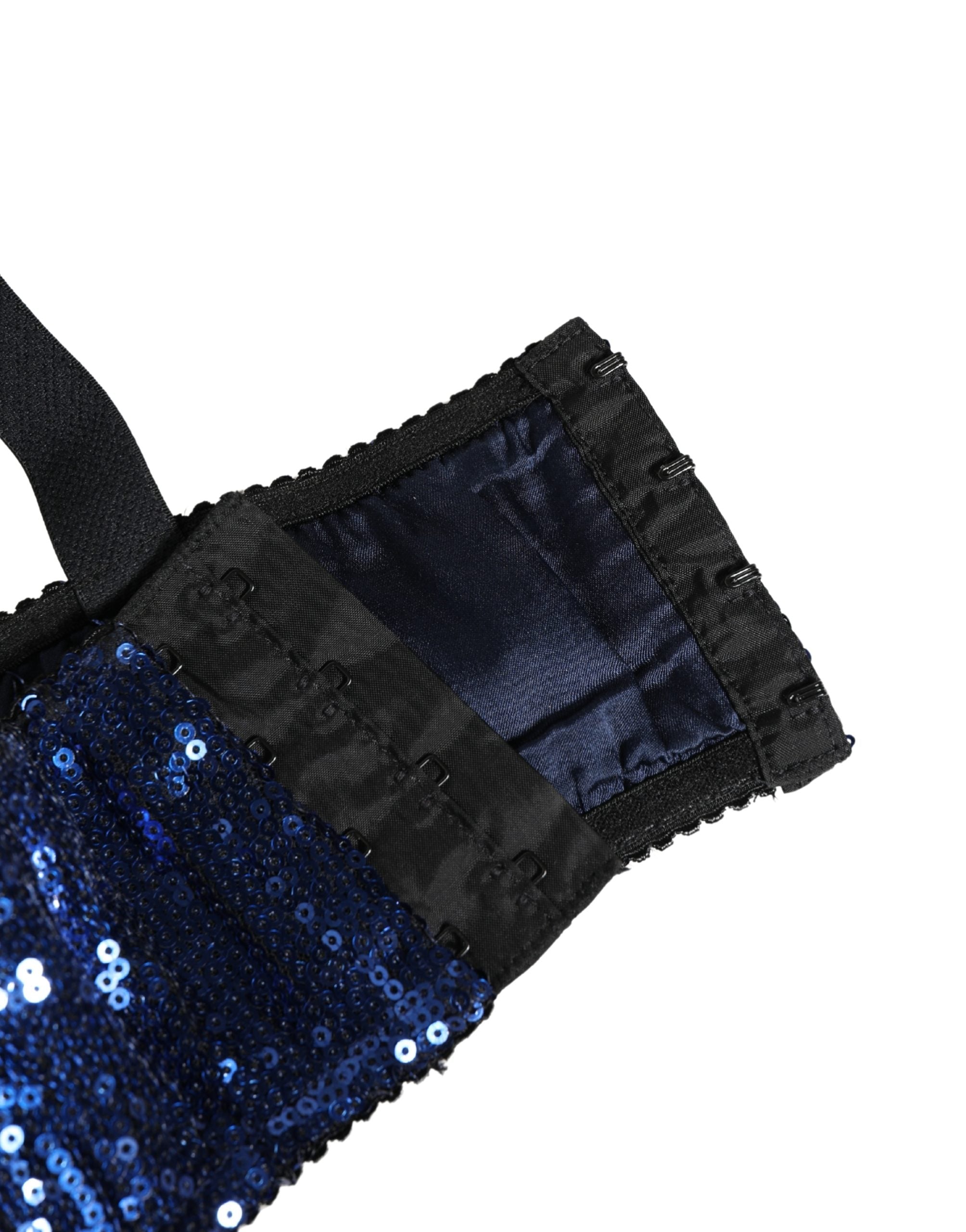 Soutien-gorge balconnet Dolce & Gabbana bleu à sequins, sous-vêtements élégants et féminins avec détails brillants.