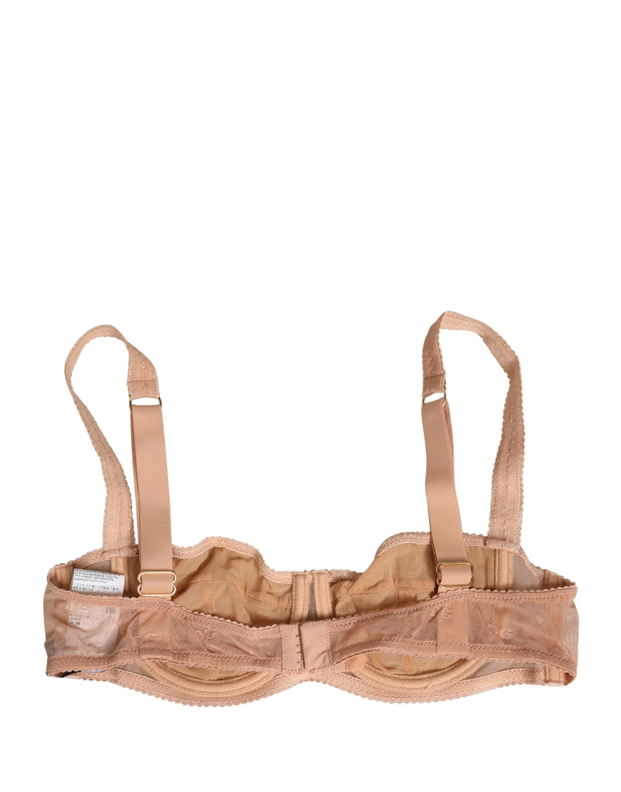 Soutien-gorge balconnet en dentelle beige avec armatures, marque Dolce & Gabbana, tissu mesh transparent, lingerie élégante.