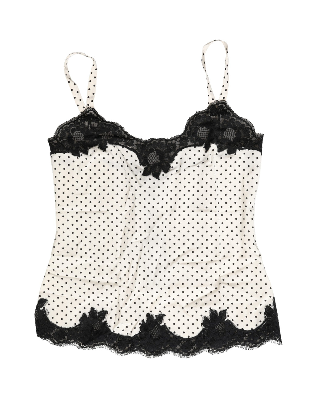 Camisole blanche Dolce & Gabbana avec pois noirs, bordure en dentelle, vêtement d'intérieur élégant et féminin.