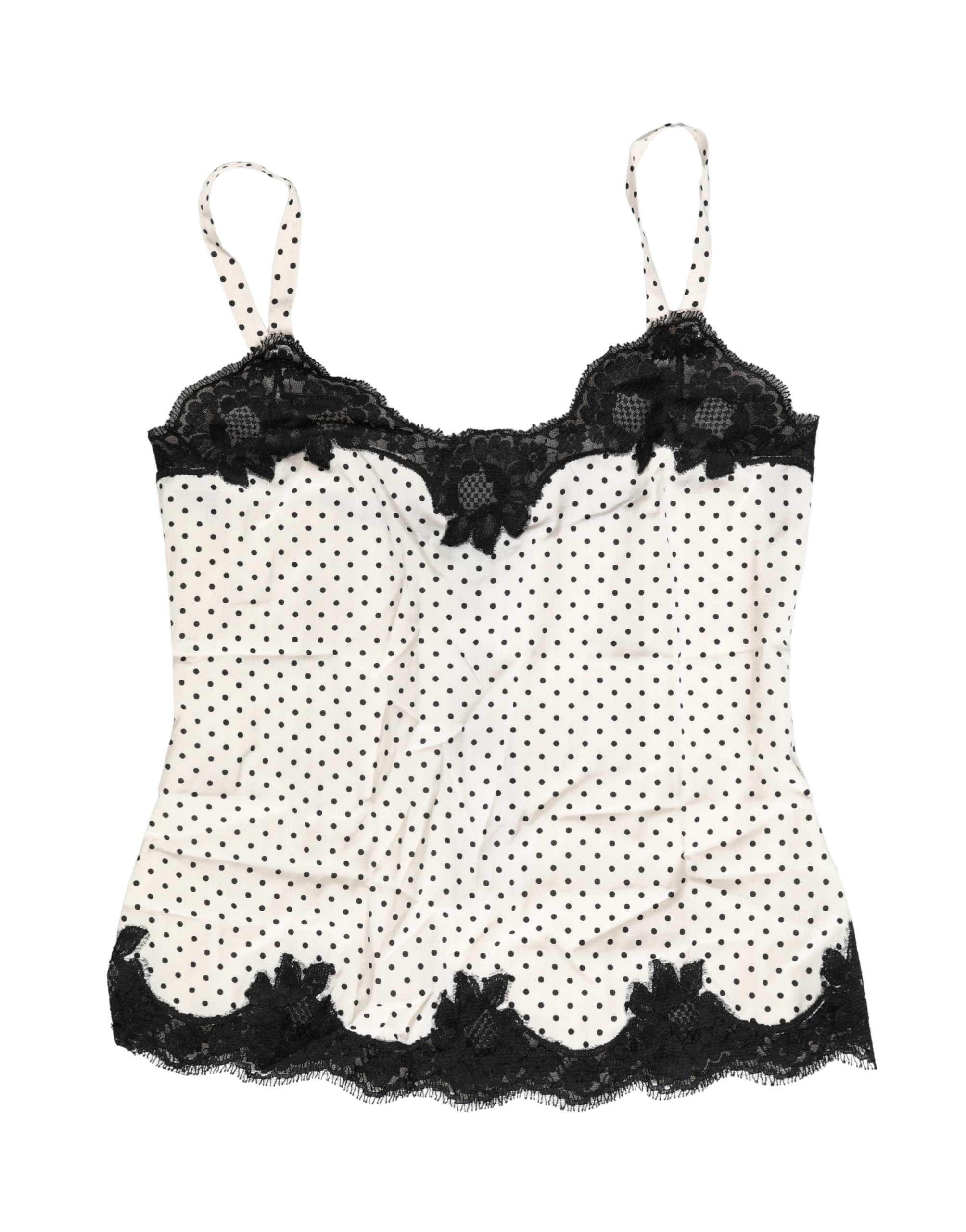 Camisole blanche Dolce & Gabbana avec pois noirs, bordure en dentelle, vêtement d'intérieur élégant et féminin.