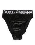 Culotte noire en satin à taille haute Dolce & Gabbana avec logo pour femme, sous-vêtement élégant et confortable.