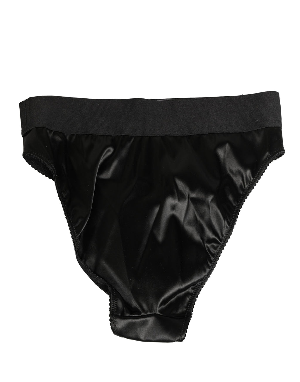 Culotte haute en satin noir Dolce & Gabbana avec logo, sous-vêtements pour femmes, vue de face.
