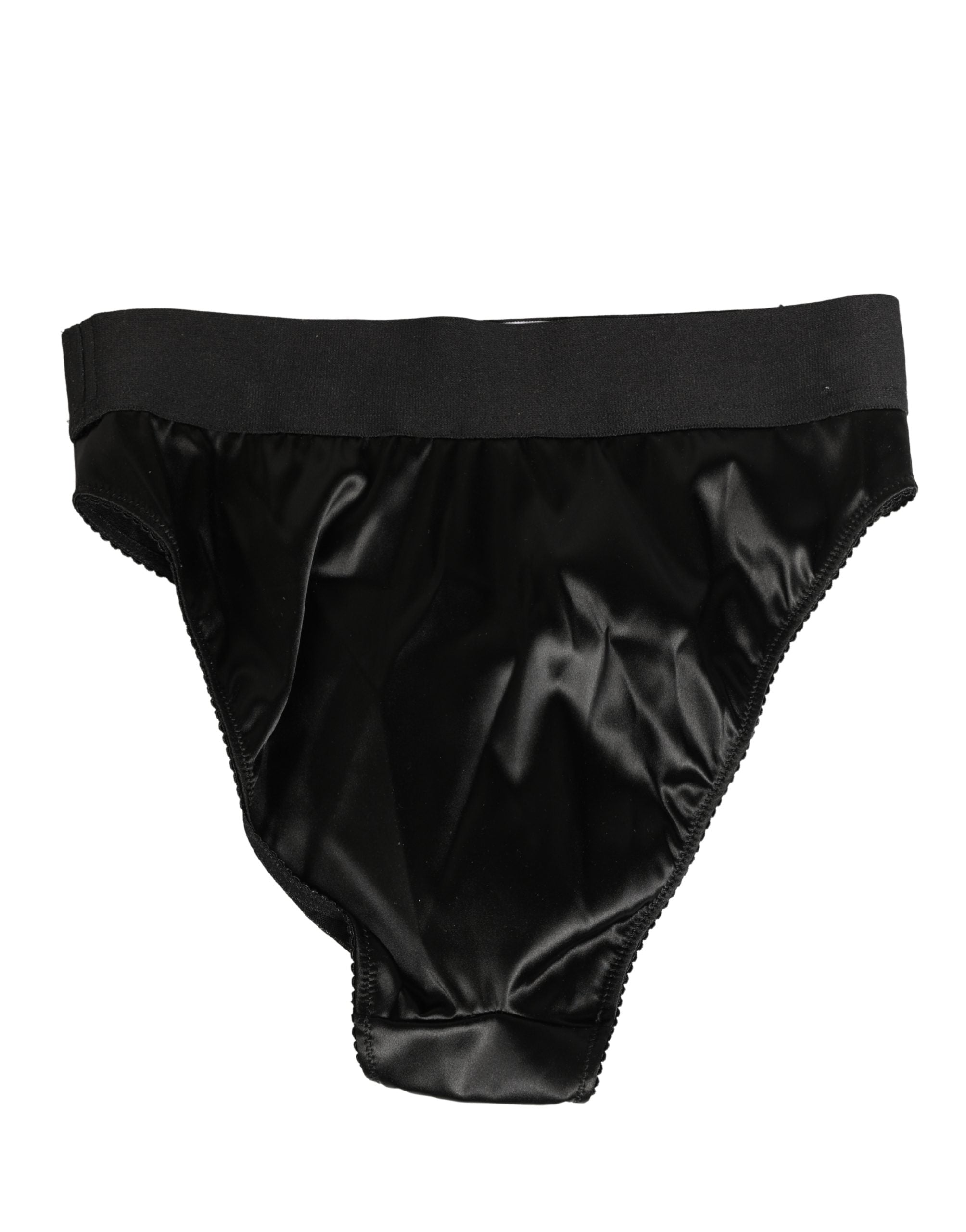 Culotte haute en satin noir Dolce & Gabbana avec logo, sous-vêtements pour femmes, vue de face.