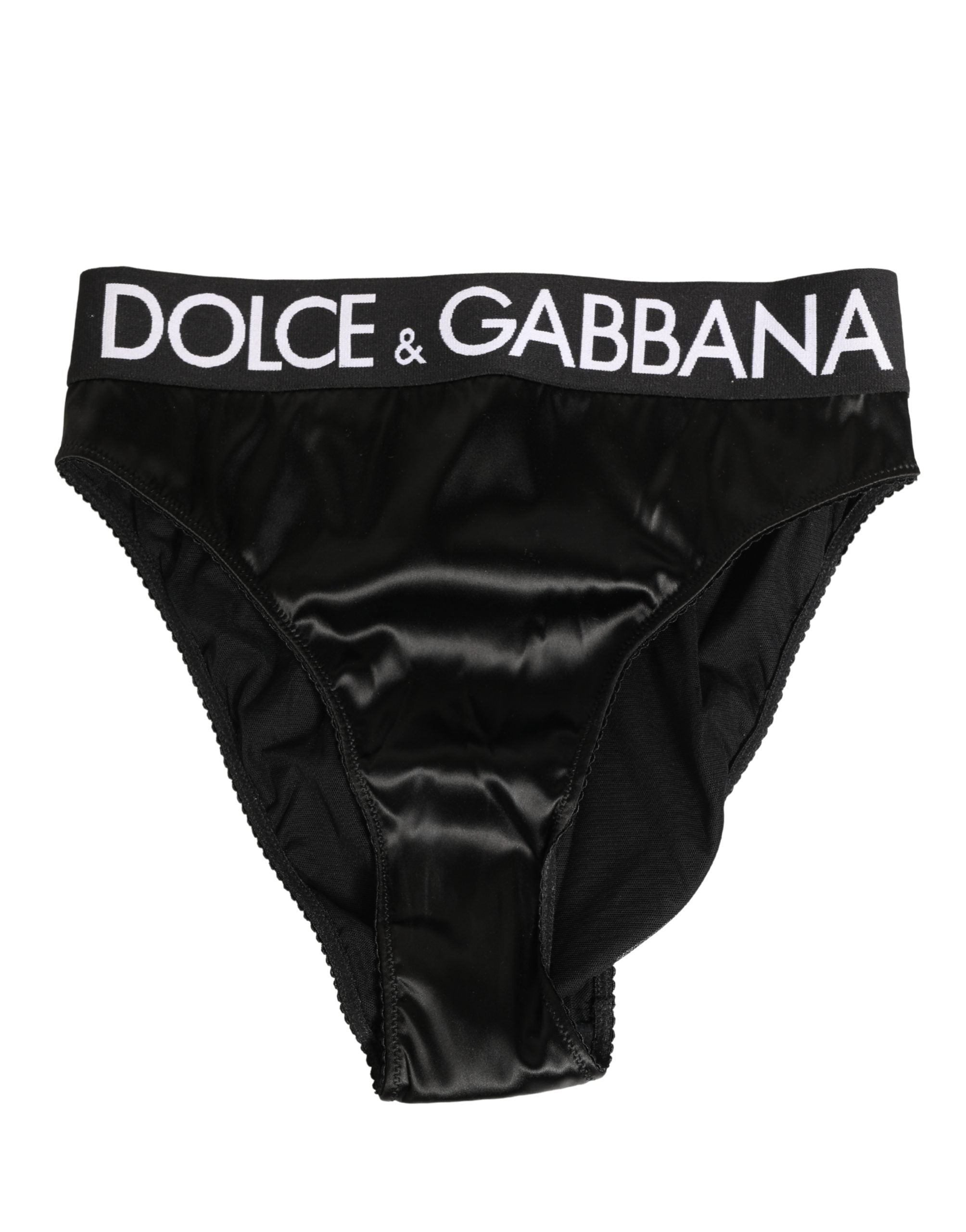 Culotte haute en satin noir Dolce & Gabbana pour femmes, logo visible, sous-vêtements élégants et confortables.