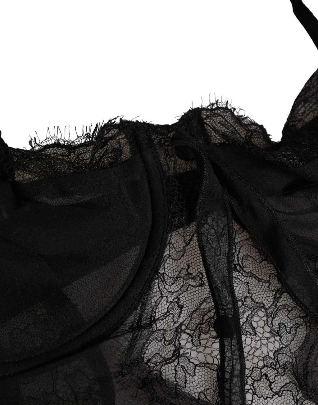 Chemise de lingerie en soie noire Dolce & Gabbana avec dentelle délicate, vue de face.