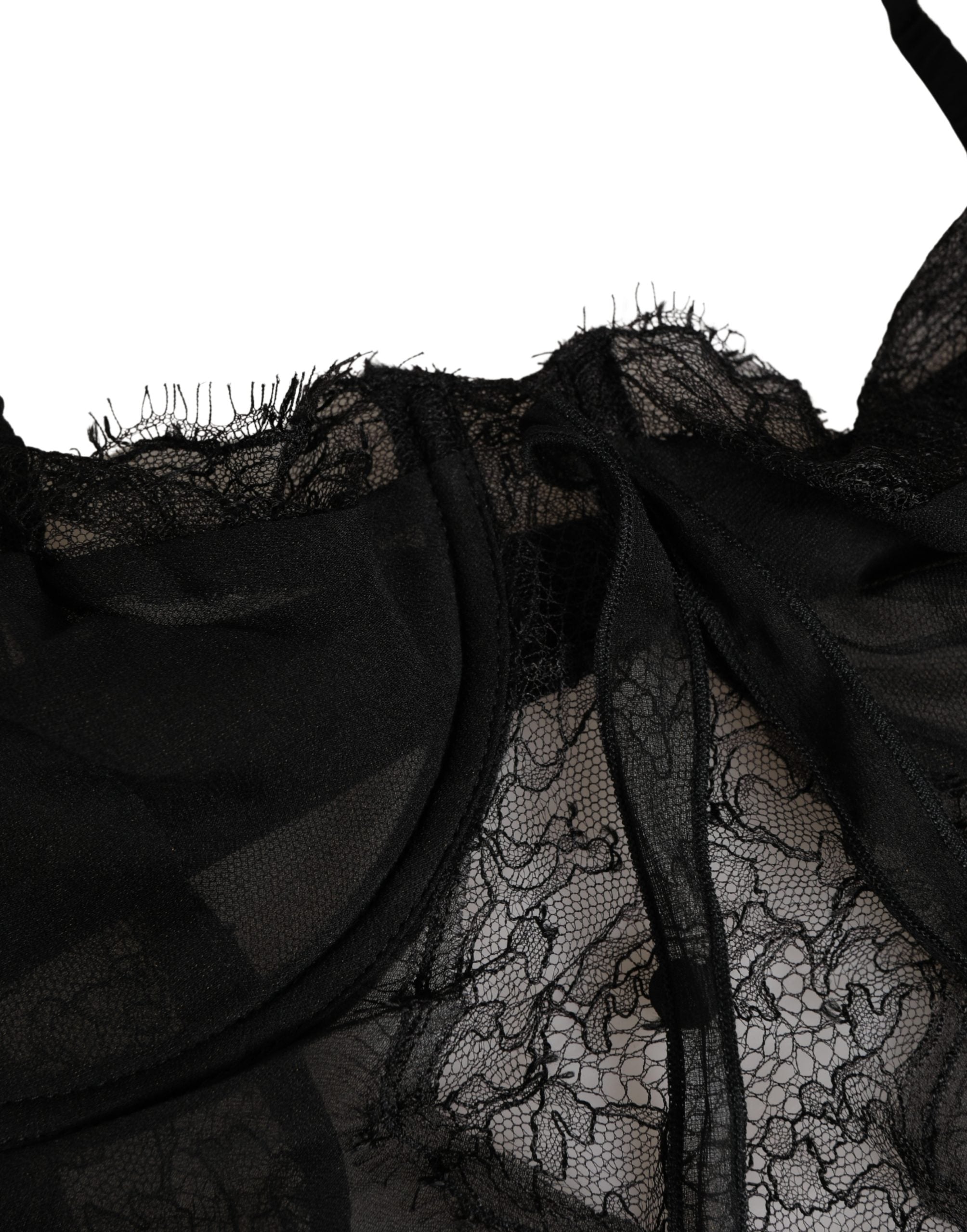 Chemise de lingerie en soie noire Dolce & Gabbana avec dentelle délicate, vue de face.