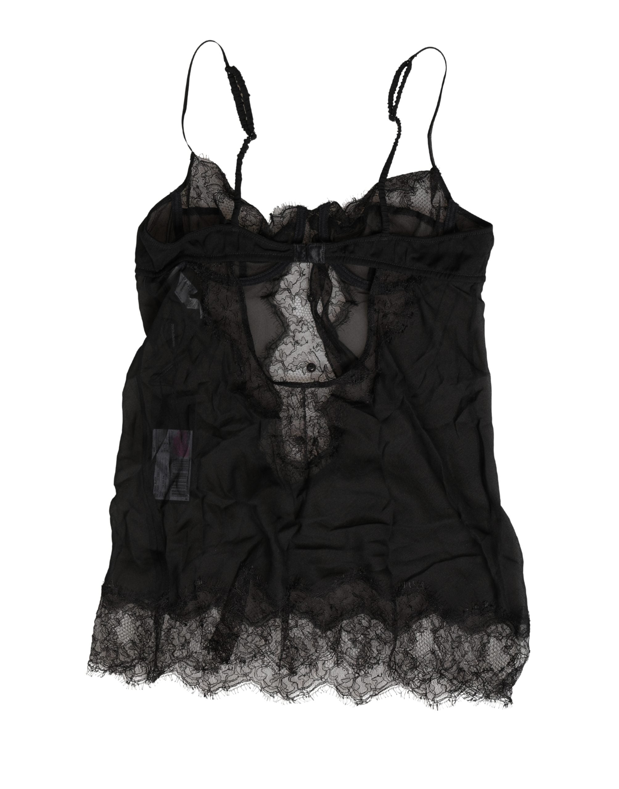 Chemise de lingerie en soie noire Dolce & Gabbana avec dentelle, ajustée et élégante, vue de face sur fond neutre.