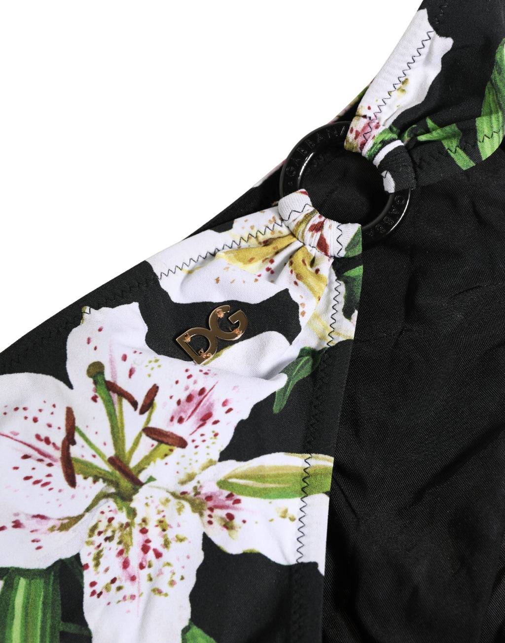 Maillot de bain noir Dolce & Gabbana avec imprimé lys en nylon, vêtement de plage élégant et tendance.