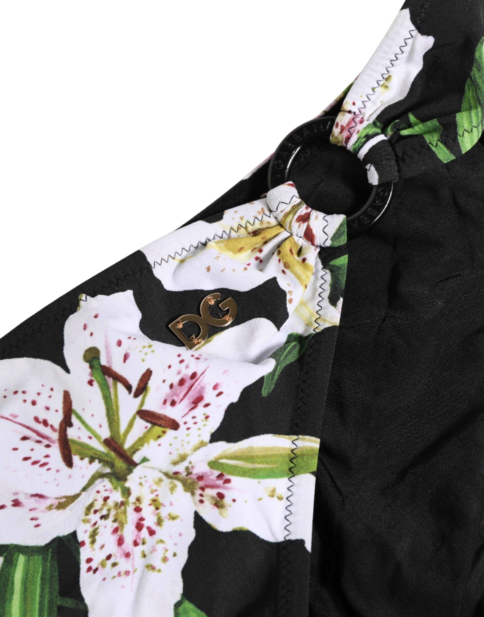 Maillot de bain noir Dolce & Gabbana avec imprimé lys en nylon, vêtement de plage élégant et tendance.