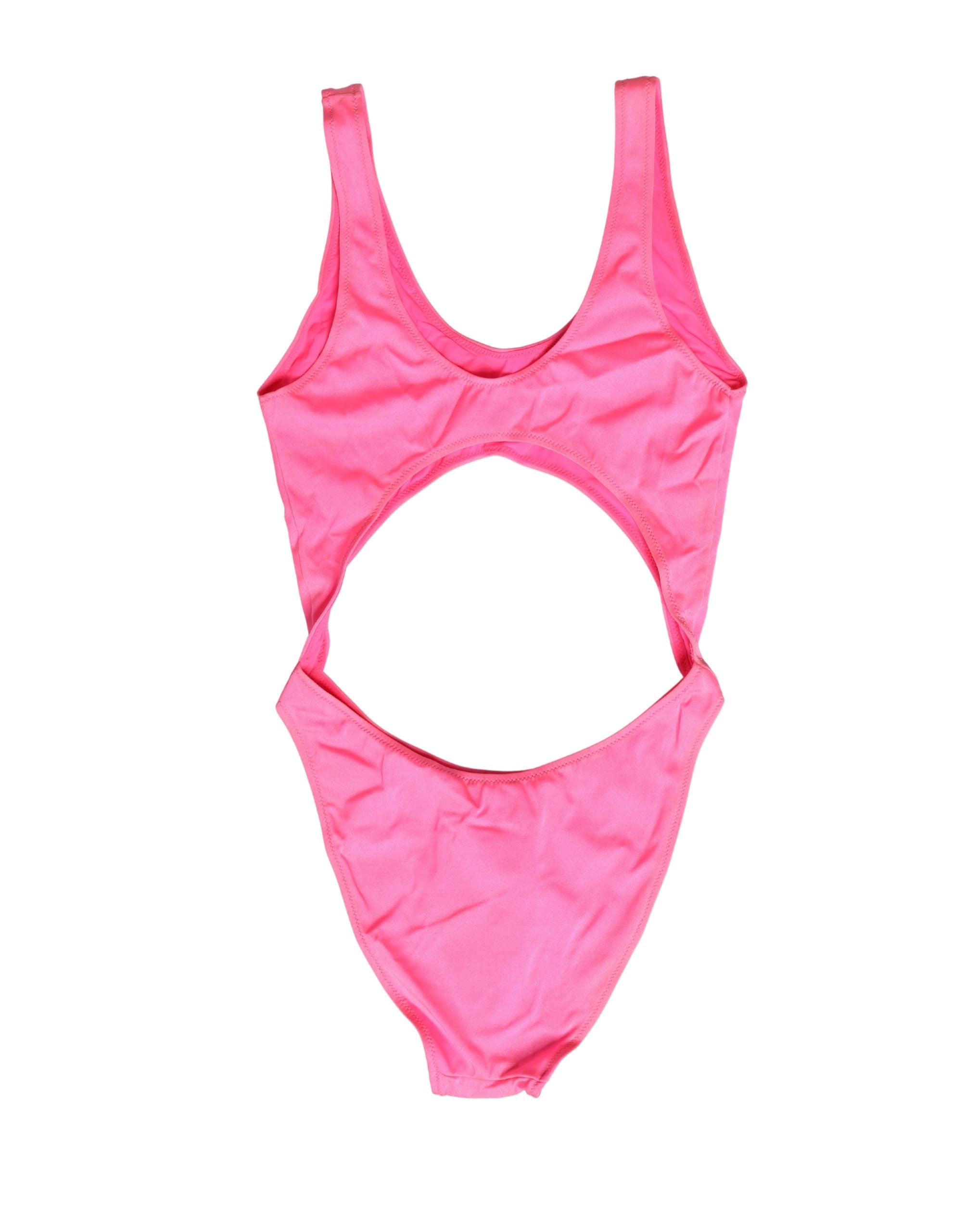 Maillot de bain une pièce Dolce & Gabbana rose avec découpes et coupe haute pour jambes longues, élégant et tendance.