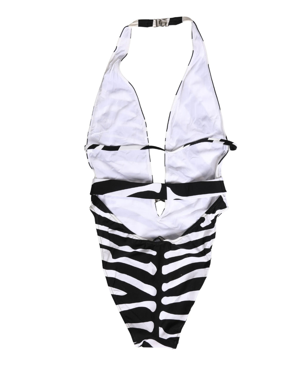 Maillot de bain une pièce Dolce & Gabbana à motif zèbre noir et blanc avec décolleté en V profond, pour femmes.