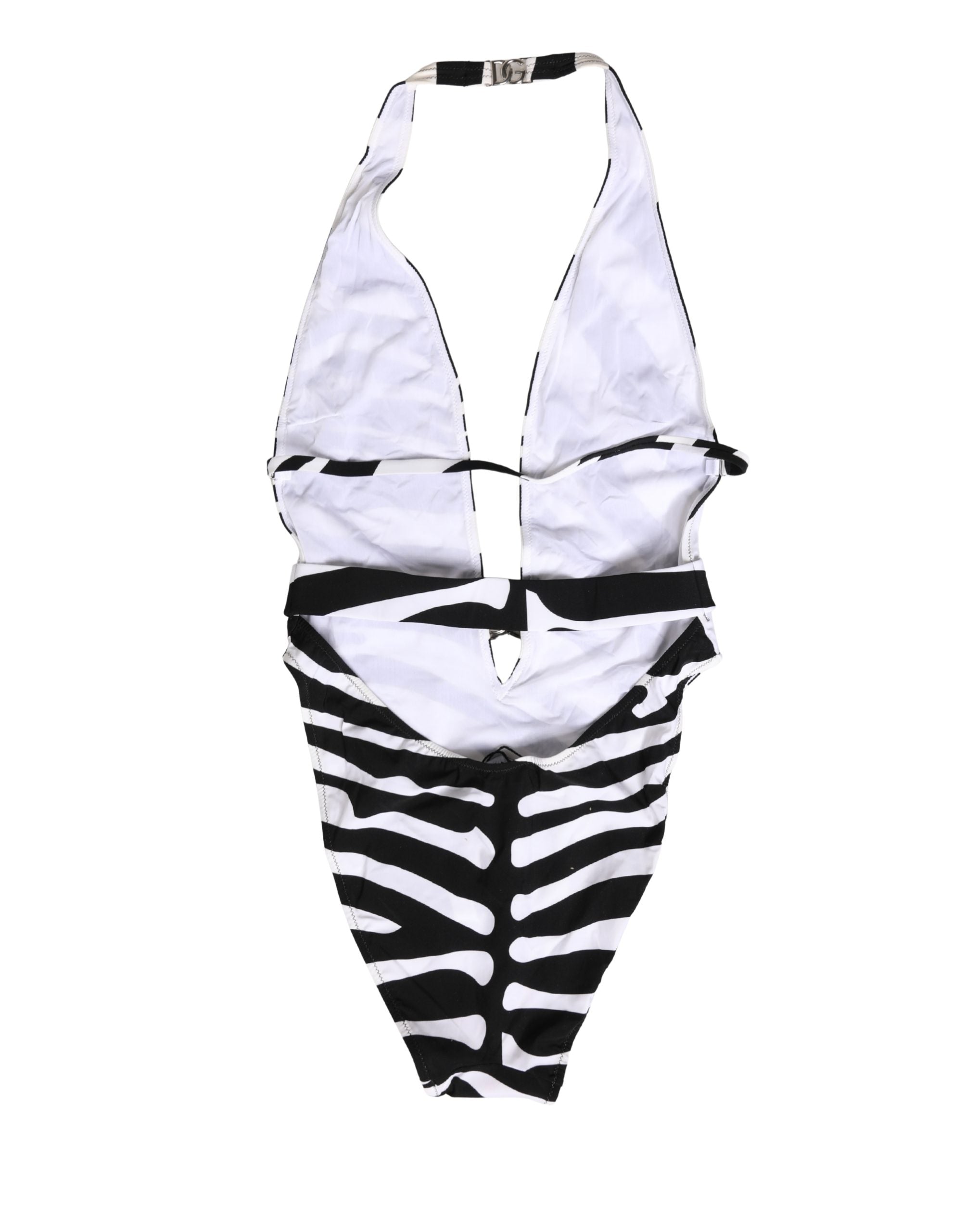 Maillot de bain une pièce Dolce & Gabbana à motif zèbre noir et blanc avec décolleté en V profond, pour femmes.