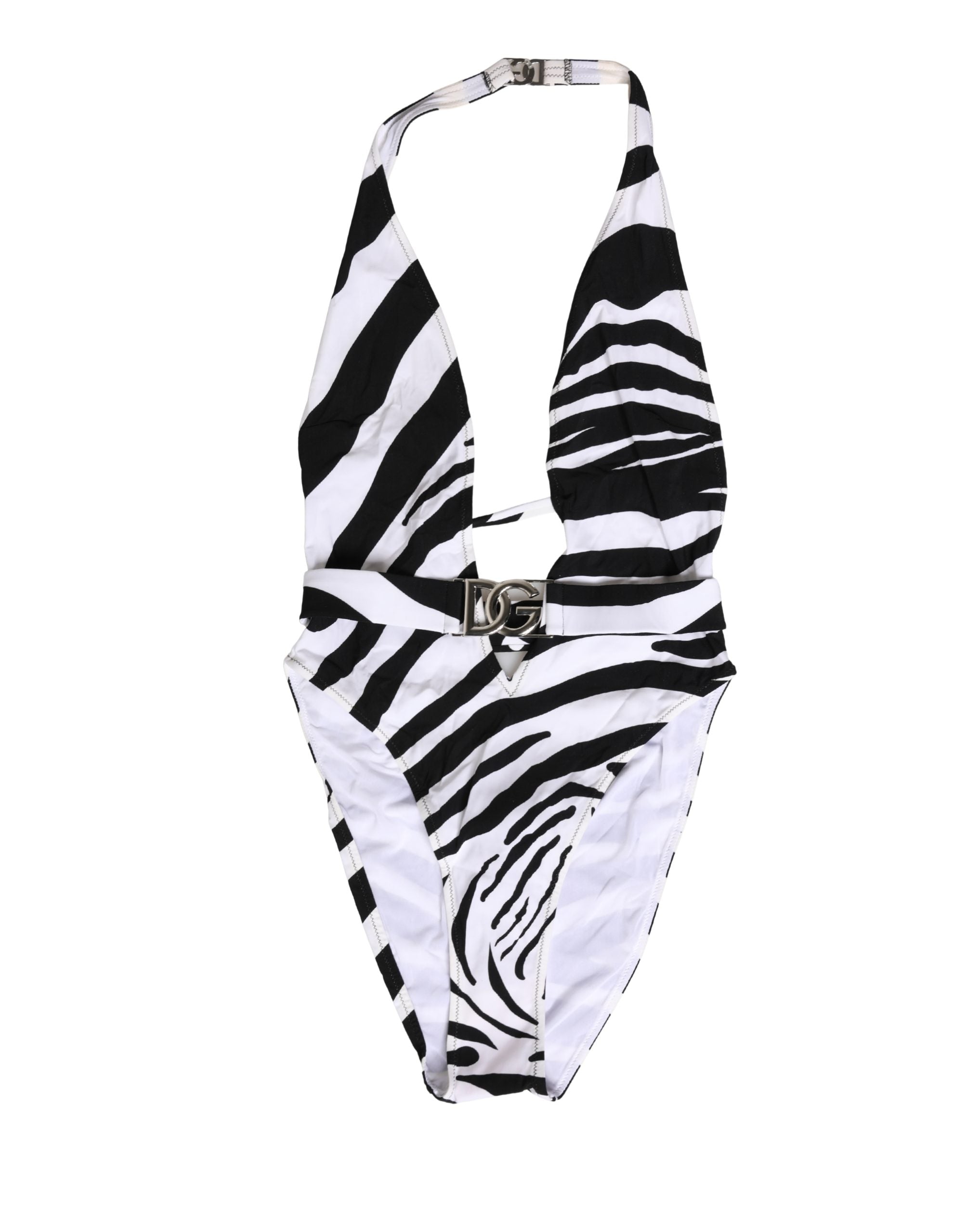 Maillot de bain une pièce Dolce & Gabbana à rayures zèbre noir et blanc avec décolleté en V profond, pour femmes.