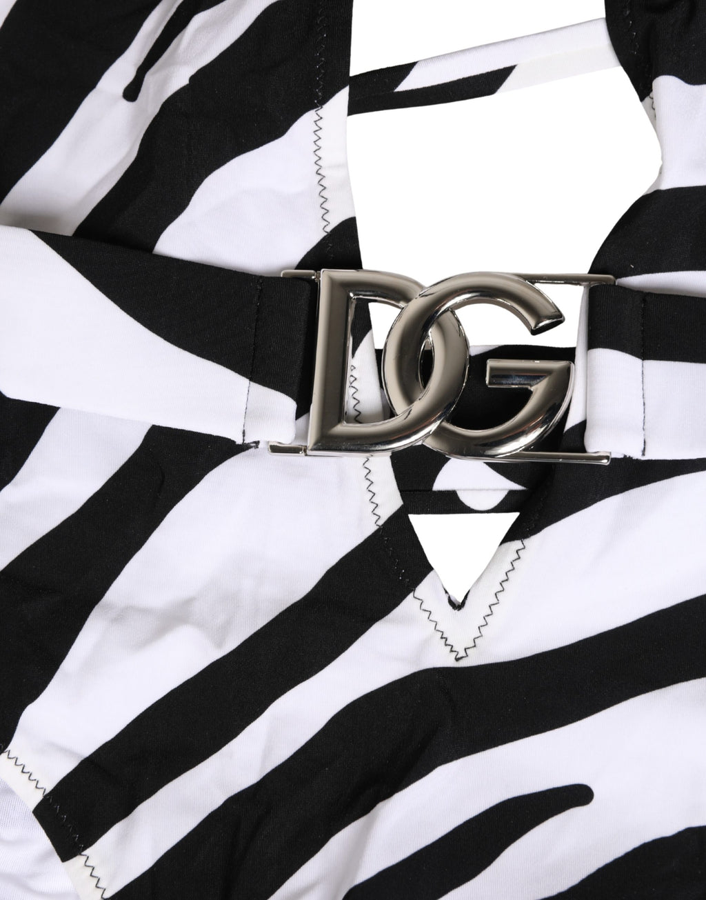 Maillot de bain une pièce Dolce & Gabbana noir et blanc à rayures zèbre, col en V profond, pour femmes.