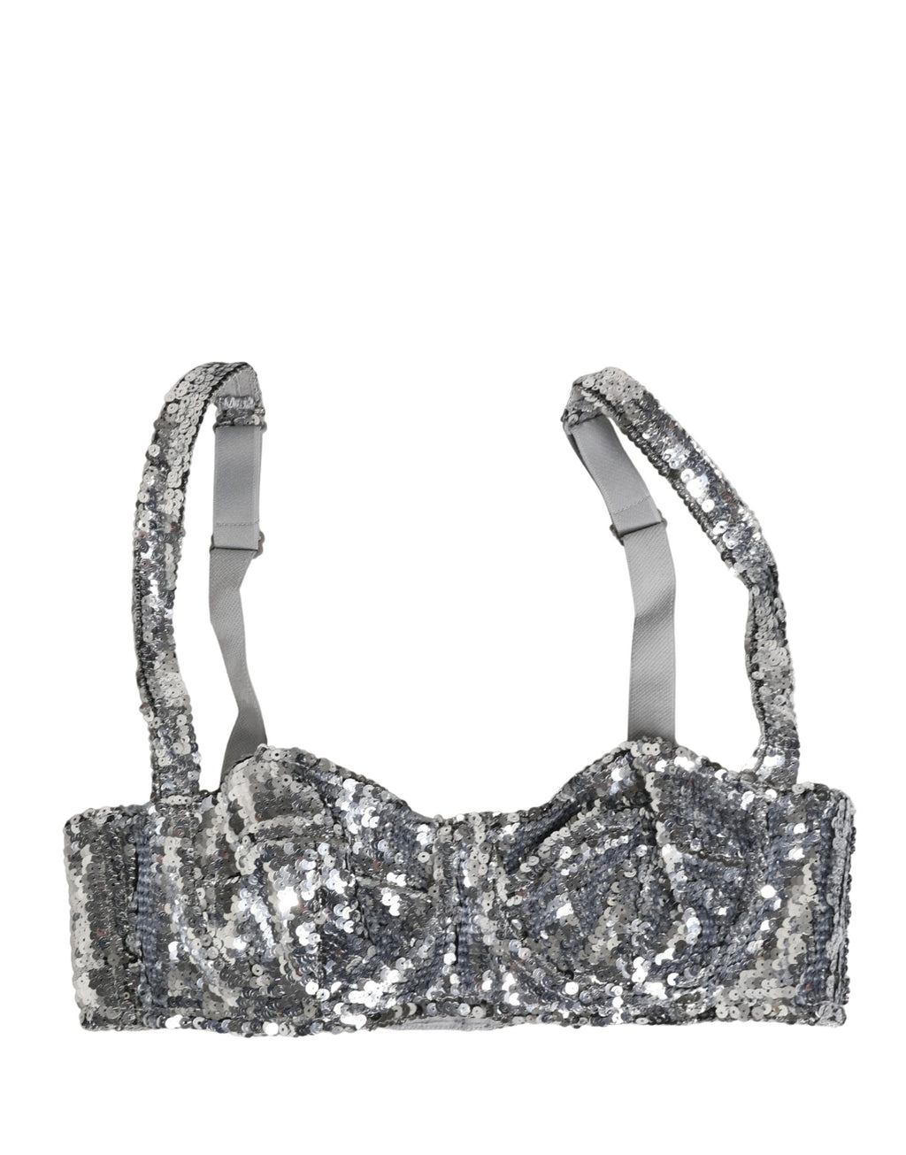 Soutien-gorge balconnet en sequins argentés de Dolce & Gabbana, lingerie élégante et scintillante.