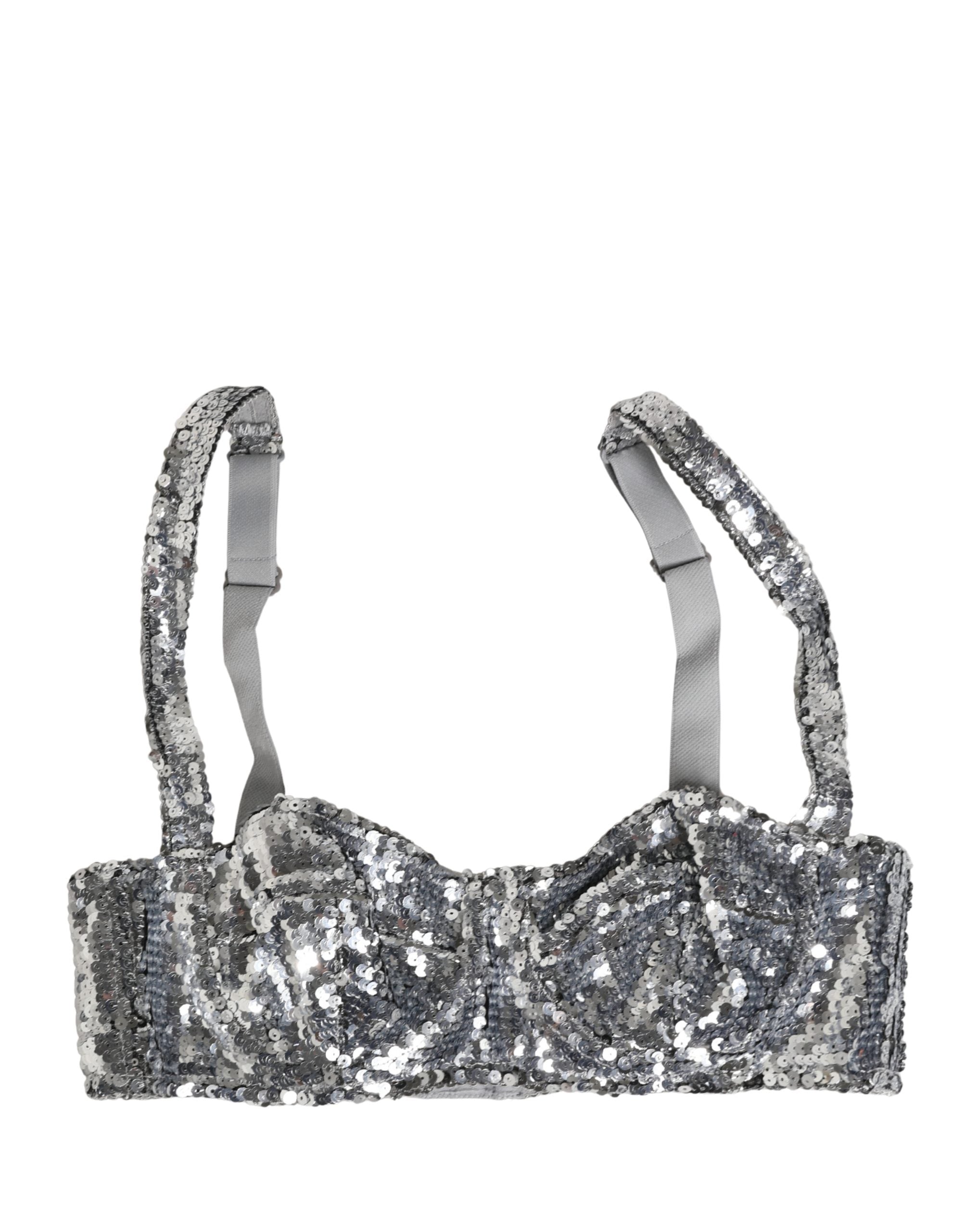 Soutien-gorge balconnet en sequins argentés de Dolce & Gabbana, lingerie élégante et scintillante.