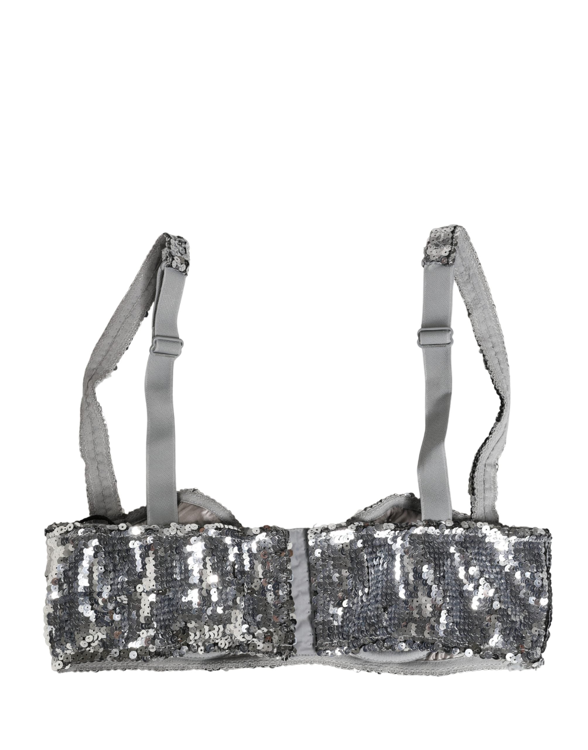 Soutien-gorge balconnet Dolce & Gabbana en sequins argentés, lingerie élégante avec détails brillants et design raffiné.