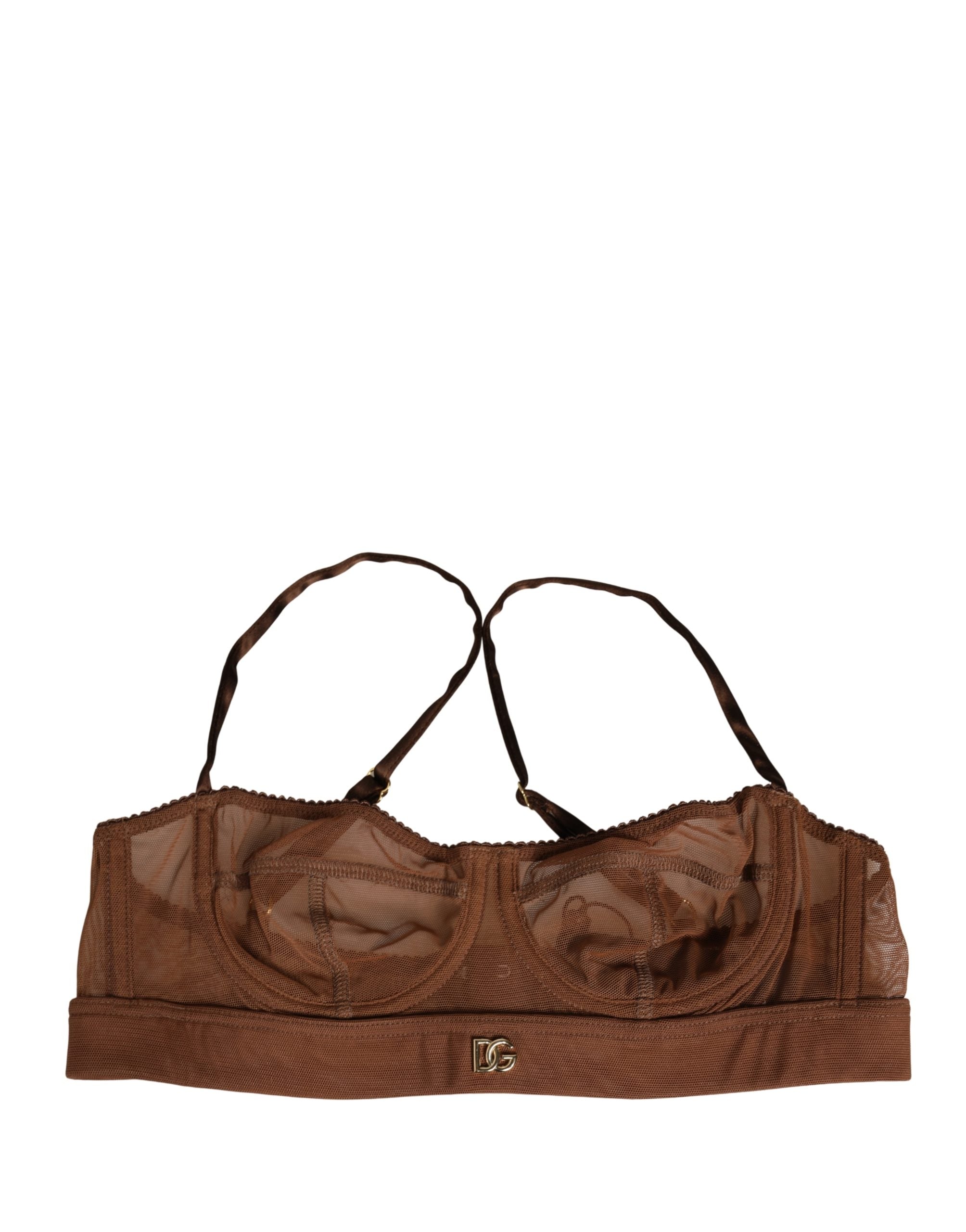 Soutien-gorge balconnet en nylon mesh brun Dolce & Gabbana avec logo DG, détails élégants et design moderne.