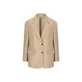 Blazer beige en mohair de Prada, coupe élégante, porté sur un mannequin, détails de la texture douce et finition sophistiquée.