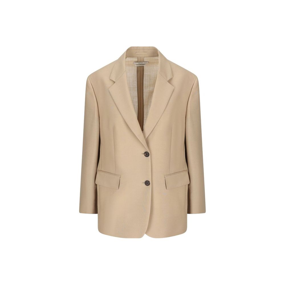Blazer beige en mohair de Prada, coupe élégante, porté sur un mannequin, détails de la texture douce et finition sophistiquée.