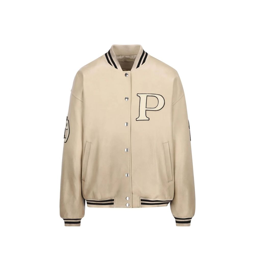 Veste bomber beige en cuir de veau de la marque Prada, vue de face avec détails de couture et fermeture éclair.