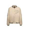 Veste bomber beige en cuir de veau de la marque Prada, vue de face avec détails de couture et fermeture éclair.
