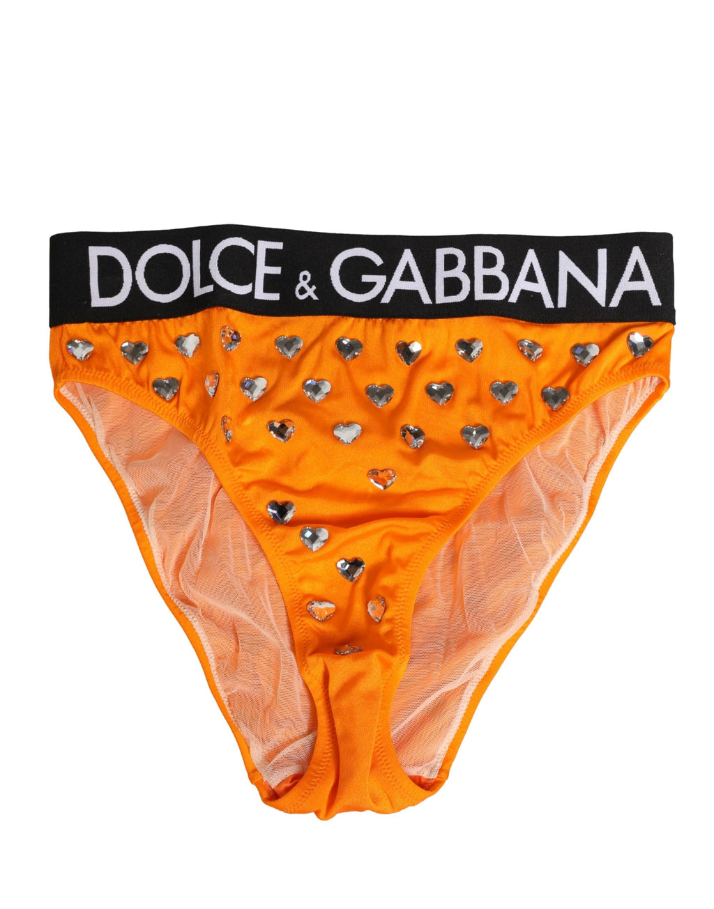 Culotte haute en cristal orange de Dolce & Gabbana, sous-vêtements féminins élégants en dentelle et tissu brillant.