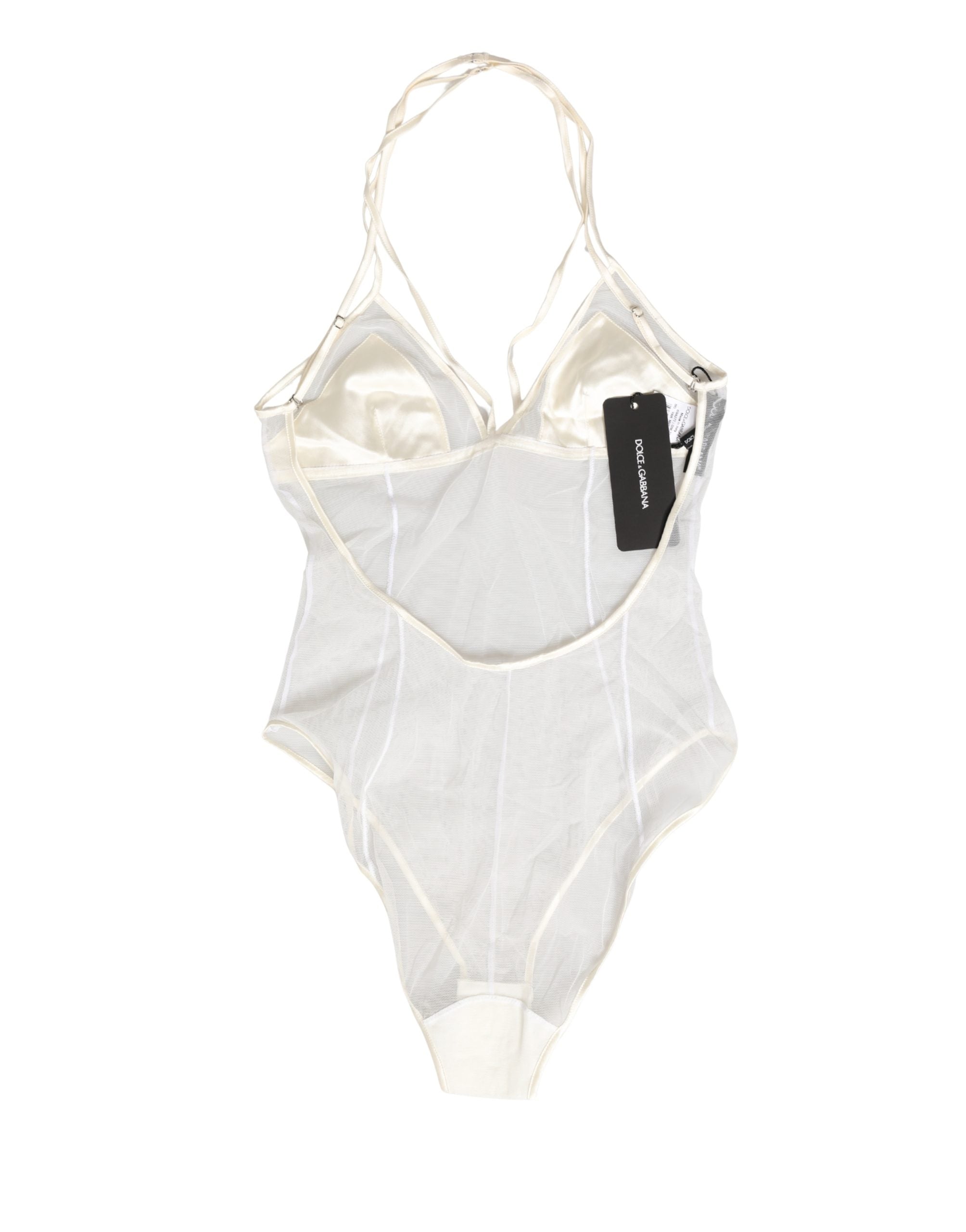 Body en nylon blanc transparent Dolce & Gabbana, nuisette col halter, sous-vêtements élégants et ajustés.