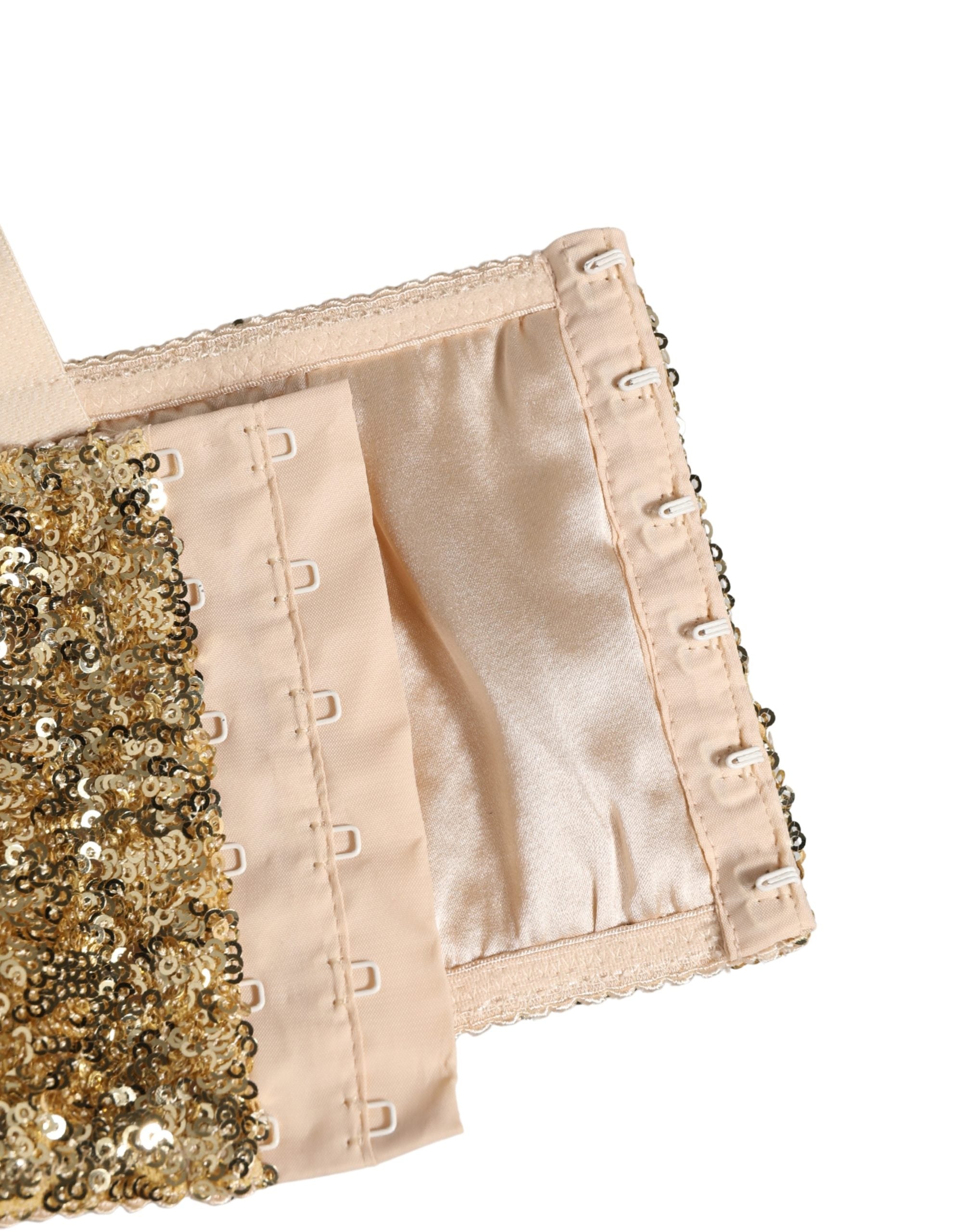 Soutien-gorge Dolce & Gabbana en sequins dorés, semi-rembourré, avec sous-poitrine et design élégant.