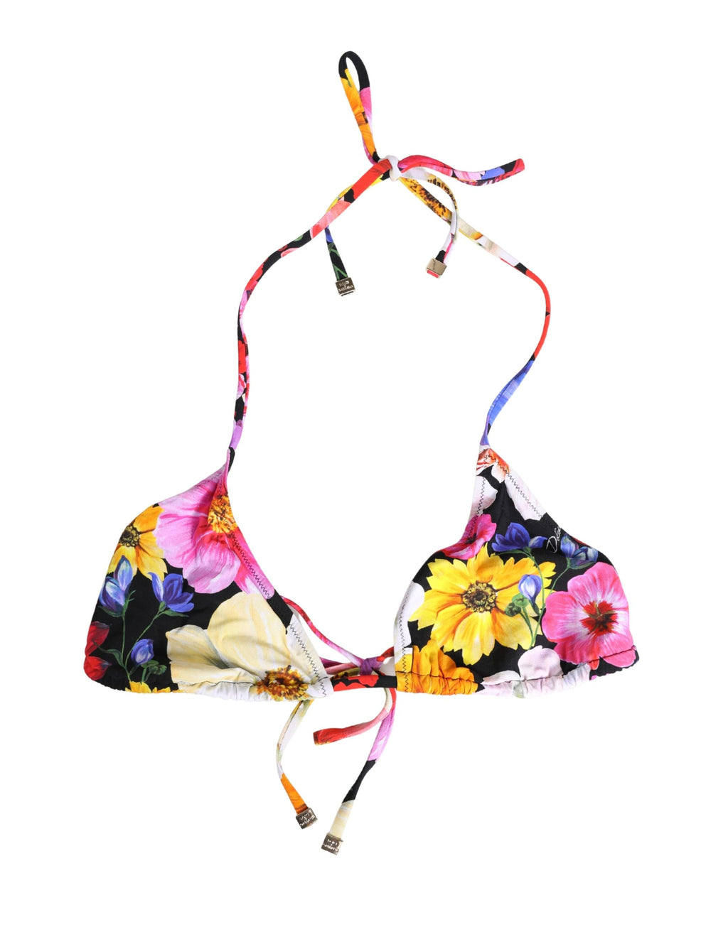 Bikini triangle noir Dolce & Gabbana avec imprimé floral en nylon, haut de maillot de bain halter pour femme.