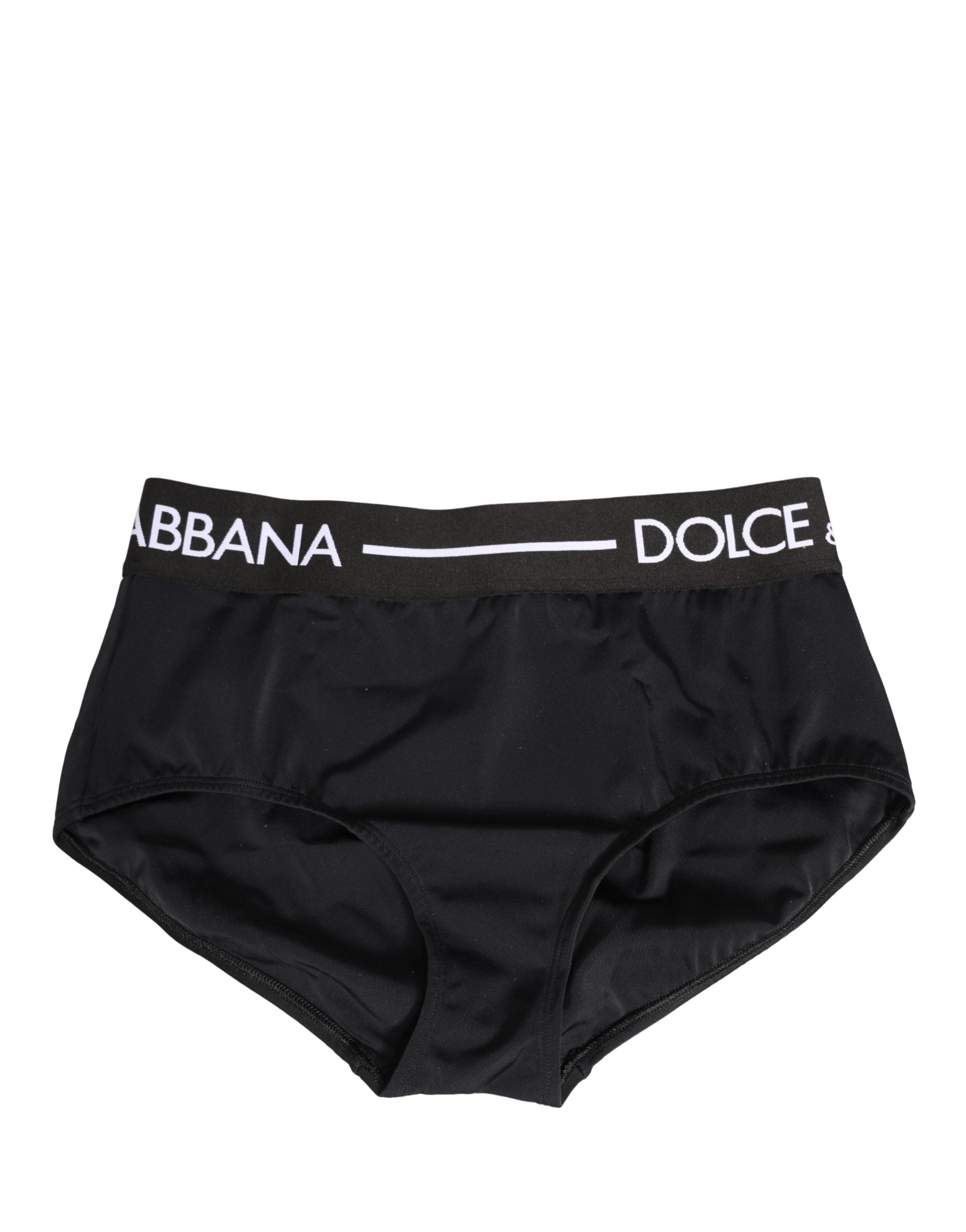 Culotte Dolce & Gabbana noire avec logo sur la ceinture, sous-vêtements élégants et confortables, vue de face.