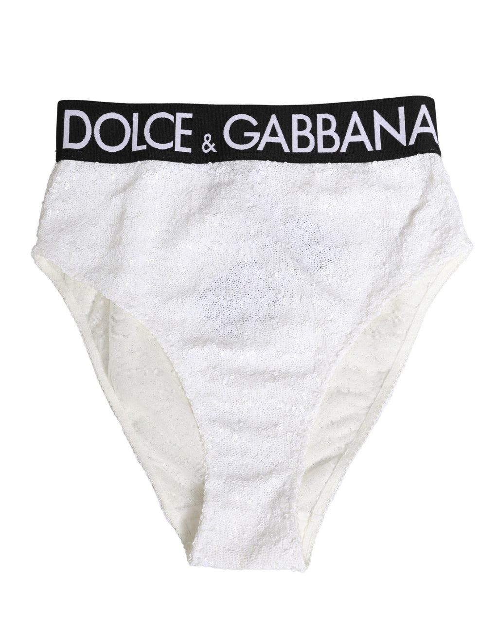 Culotte haute Dolce & Gabbana blanche et noire avec sequins, vêtement de lingerie élégante et sophistiquée.