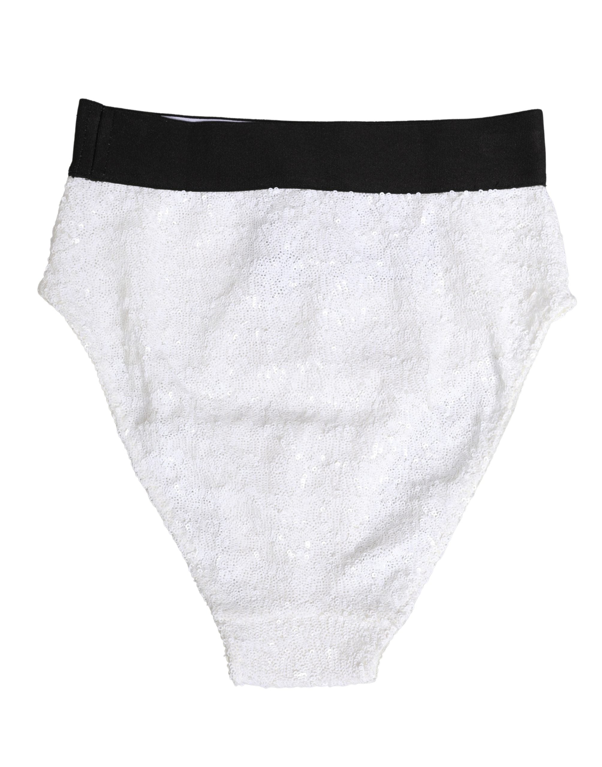 Culotte haute blanche et noire Dolce & Gabbana en sequins, sous-vêtements élégants et glamour, visible en gros plan.