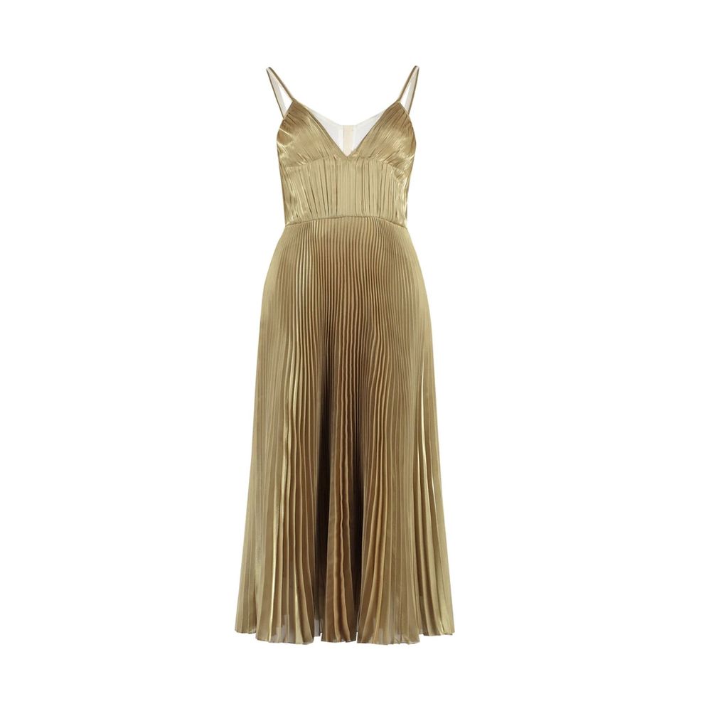 Robe de cocktail Prada en polyester doré, élégante avec coupe sophistiquée et détails brillants, adaptée pour les occasions spéciales.