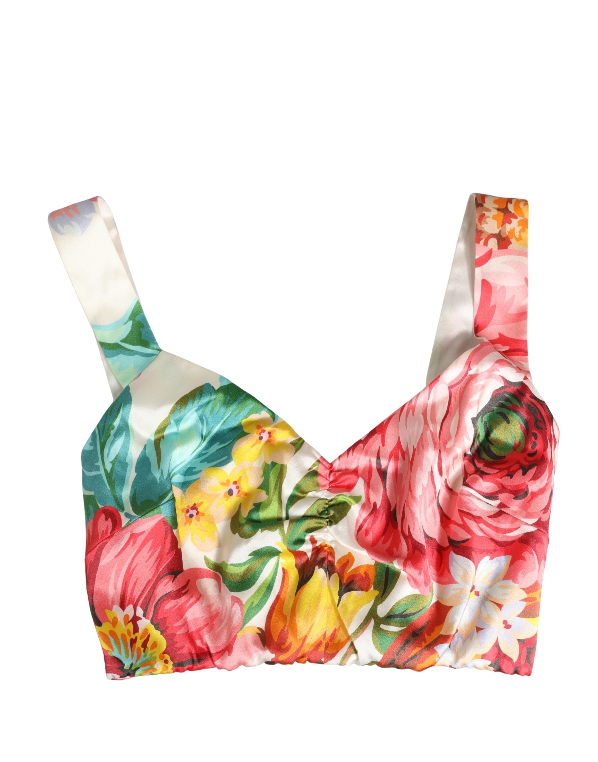 Top bustier en soie à imprimé floral multicolore de Dolce & Gabbana, coupe courte et élégant, tissu fluide et coloré.