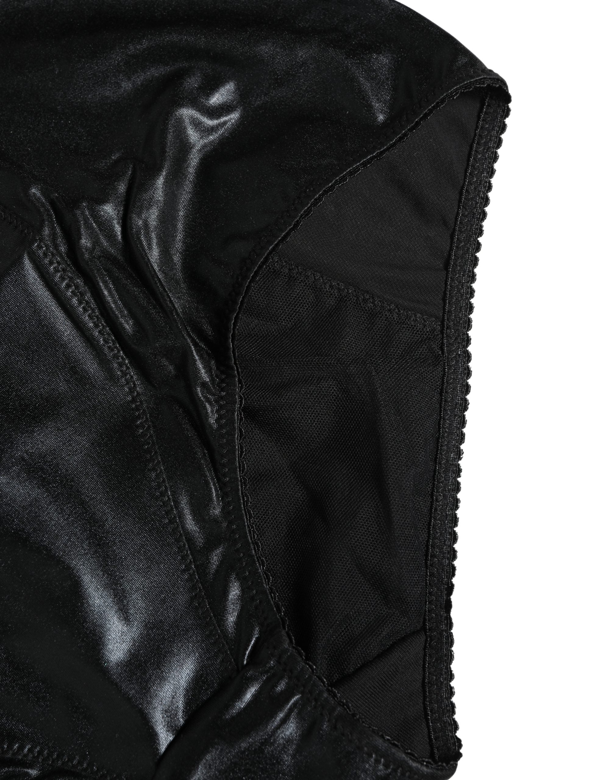 Culotte gainante noire Dolce & Gabbana taille haute en satin avec détails élégants et finition soignée.