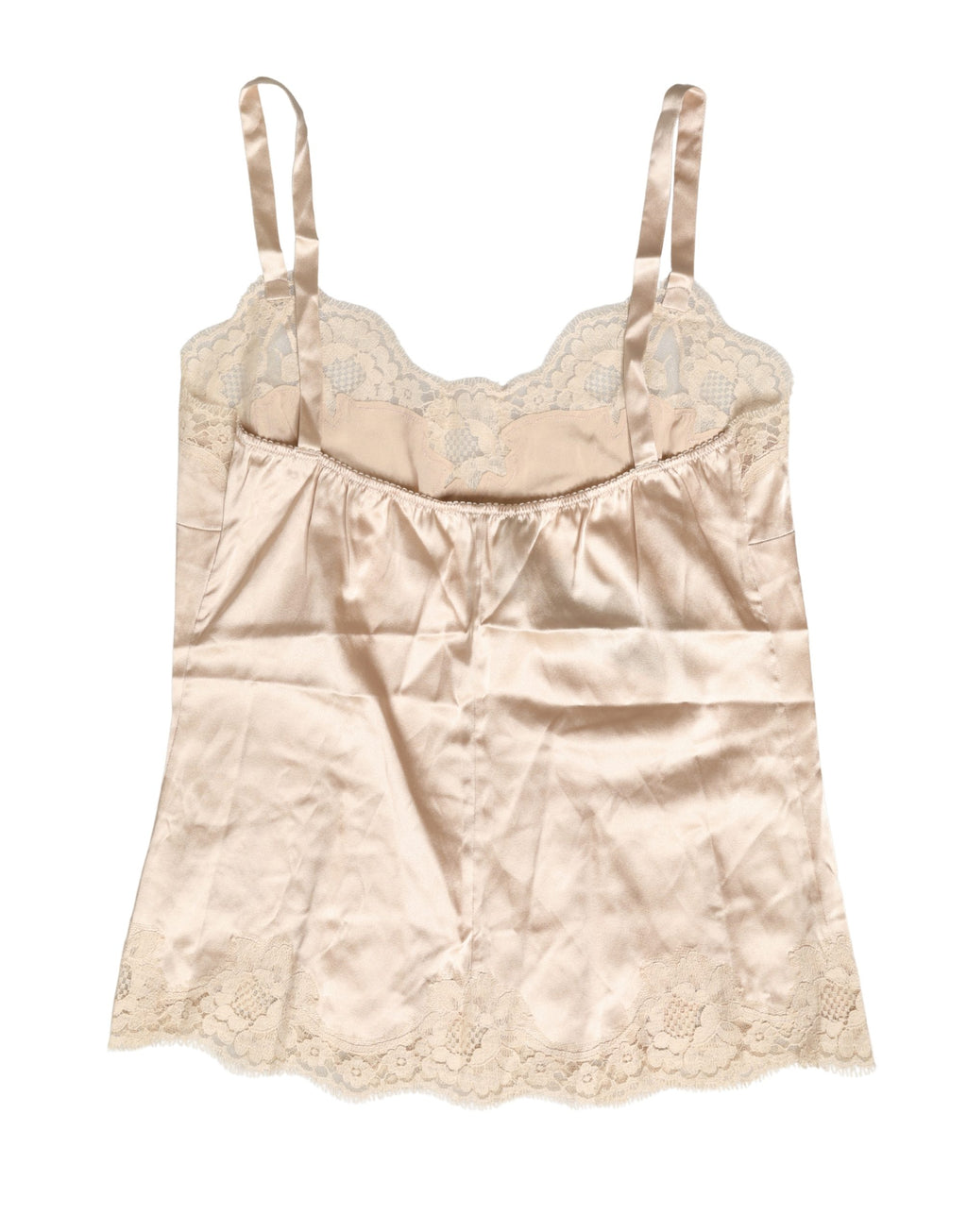 Lingerie de nuit Dolce & Gabbana beige en satin de soie avec dentelle, tank léger et élégant pour le sommeil.