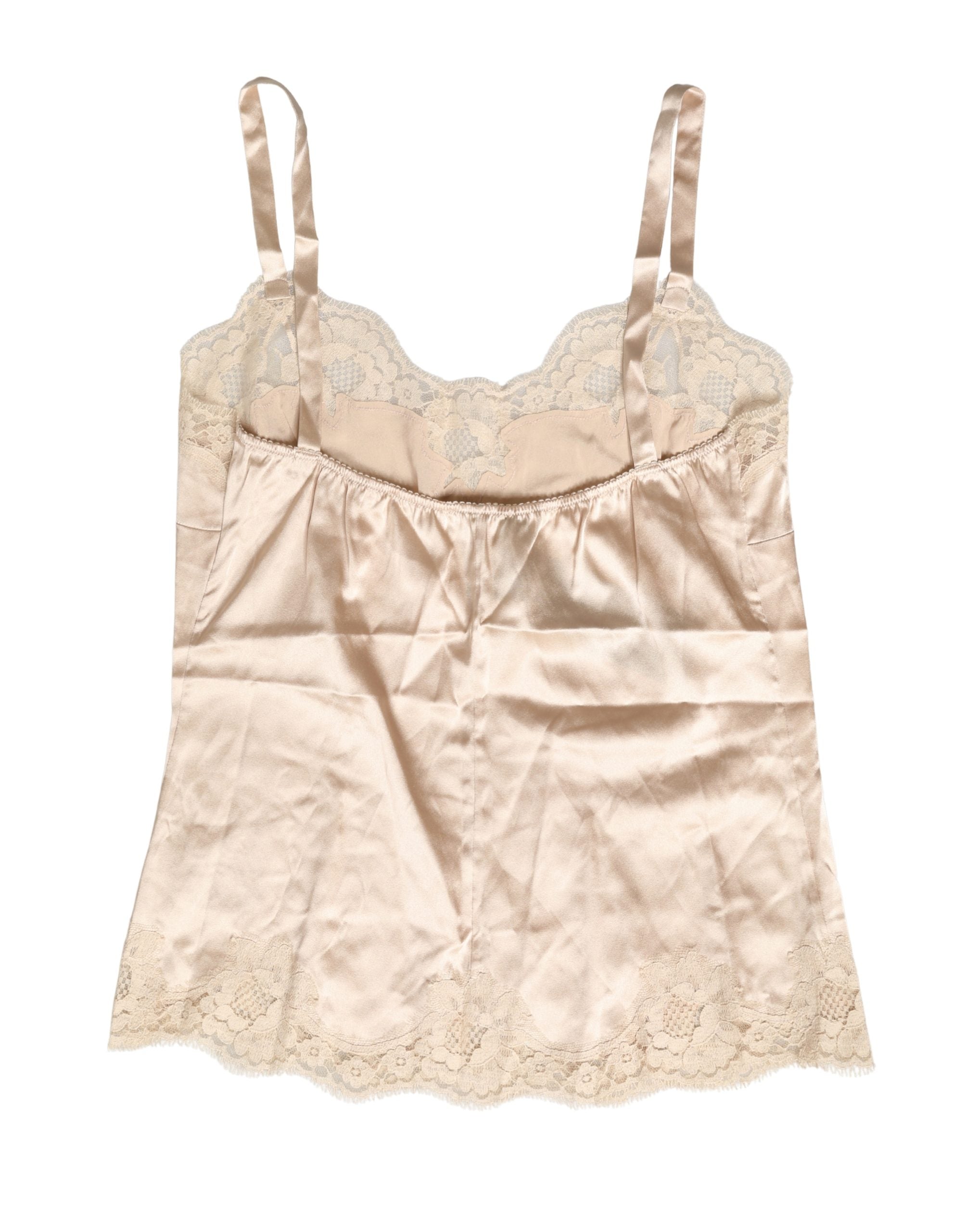 Lingerie de nuit Dolce & Gabbana beige en satin de soie avec dentelle, tank léger et élégant pour le sommeil.