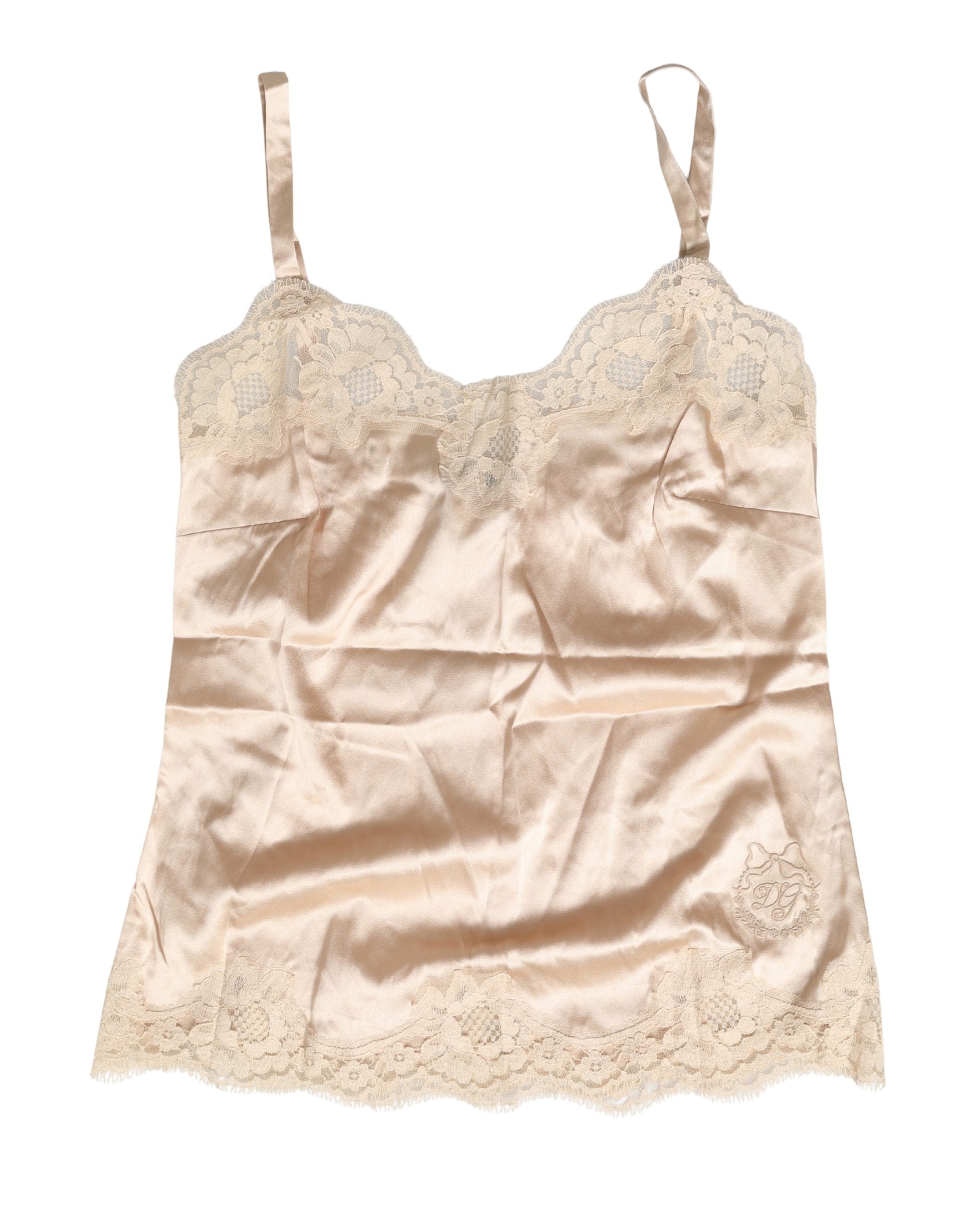 Lingerie de nuit Dolce & Gabbana en satin de soie beige avec dentelle, tank top élégant et confortable.