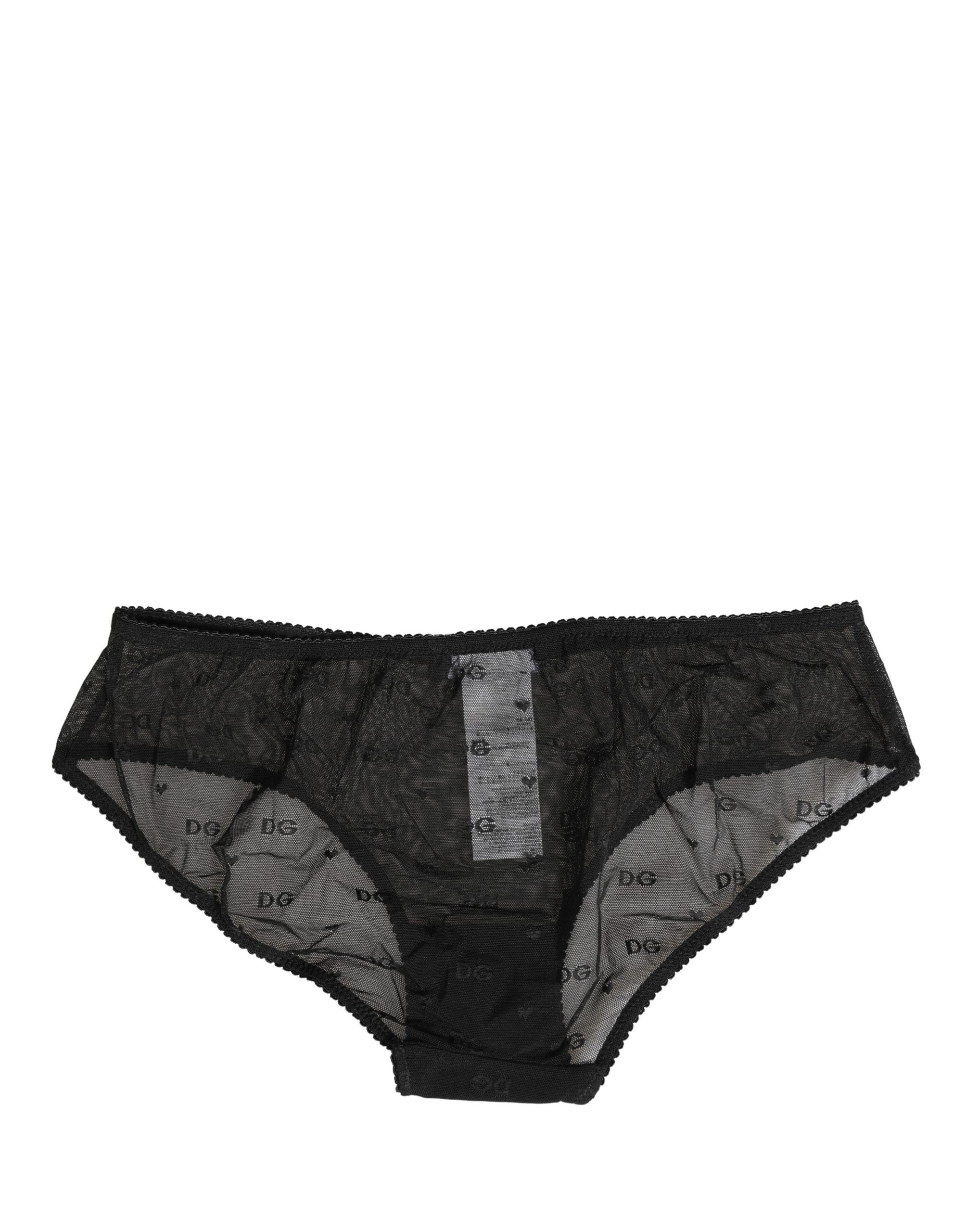 Culotte Dolce & Gabbana en dentelle noire transparente et mesh avec logo, sous-vêtements élégants pour femmes.