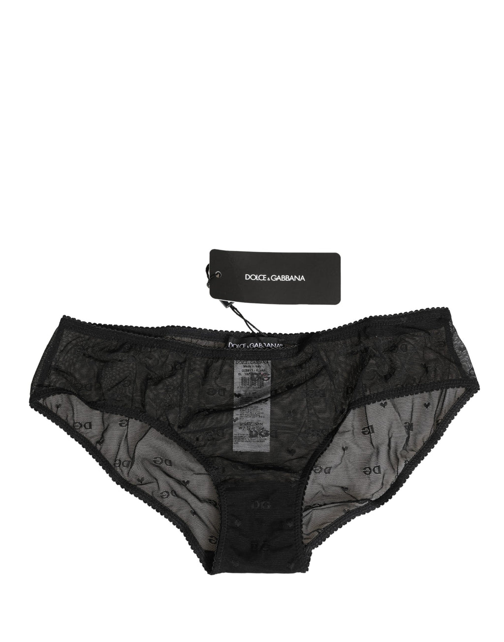 Culotte Dolce & Gabbana en dentelle noire transparente avec logo en mesh, sous-vêtements élégants et confortables.
