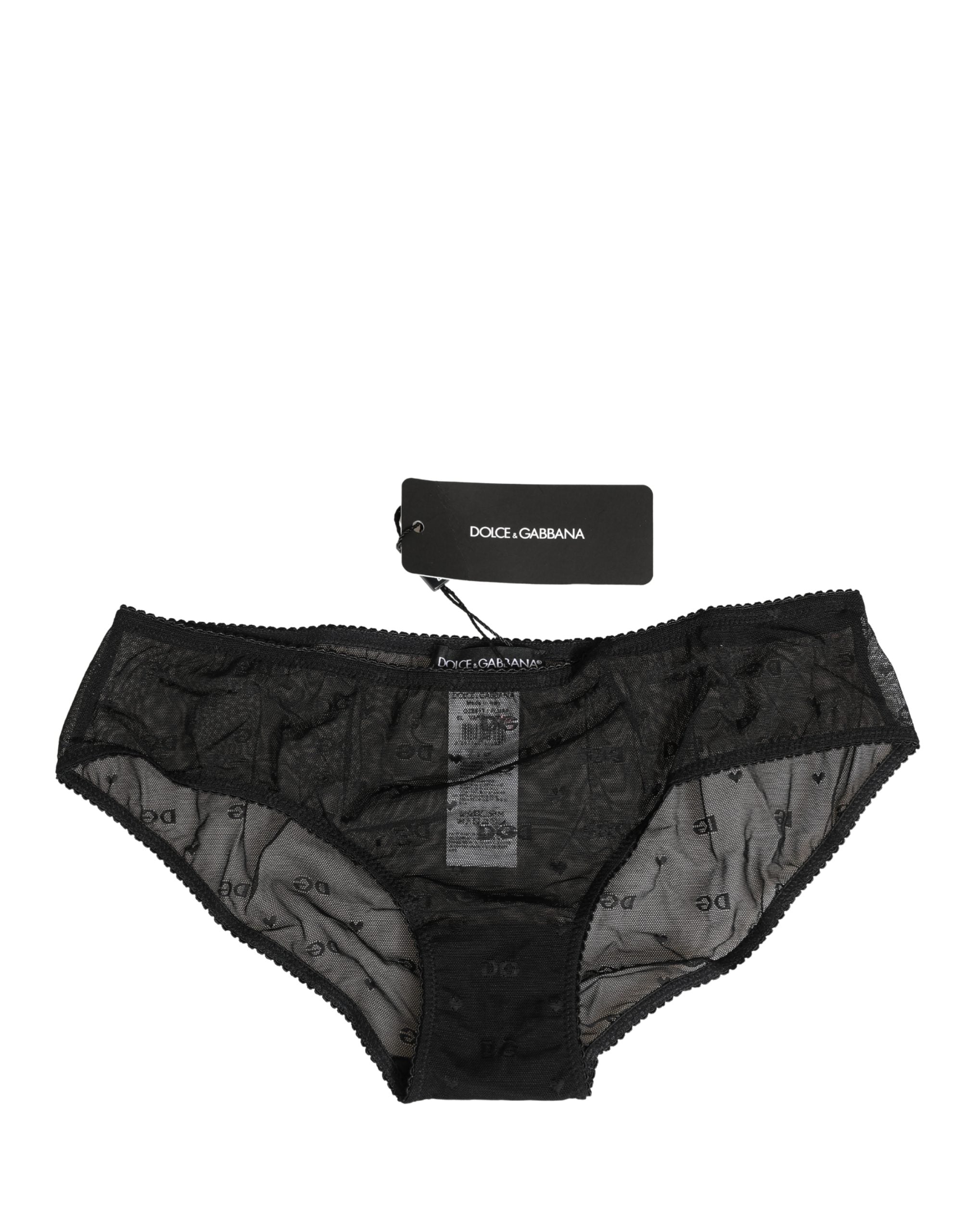 Culotte Dolce & Gabbana en dentelle noire transparente avec logo en mesh, sous-vêtements élégants et confortables.