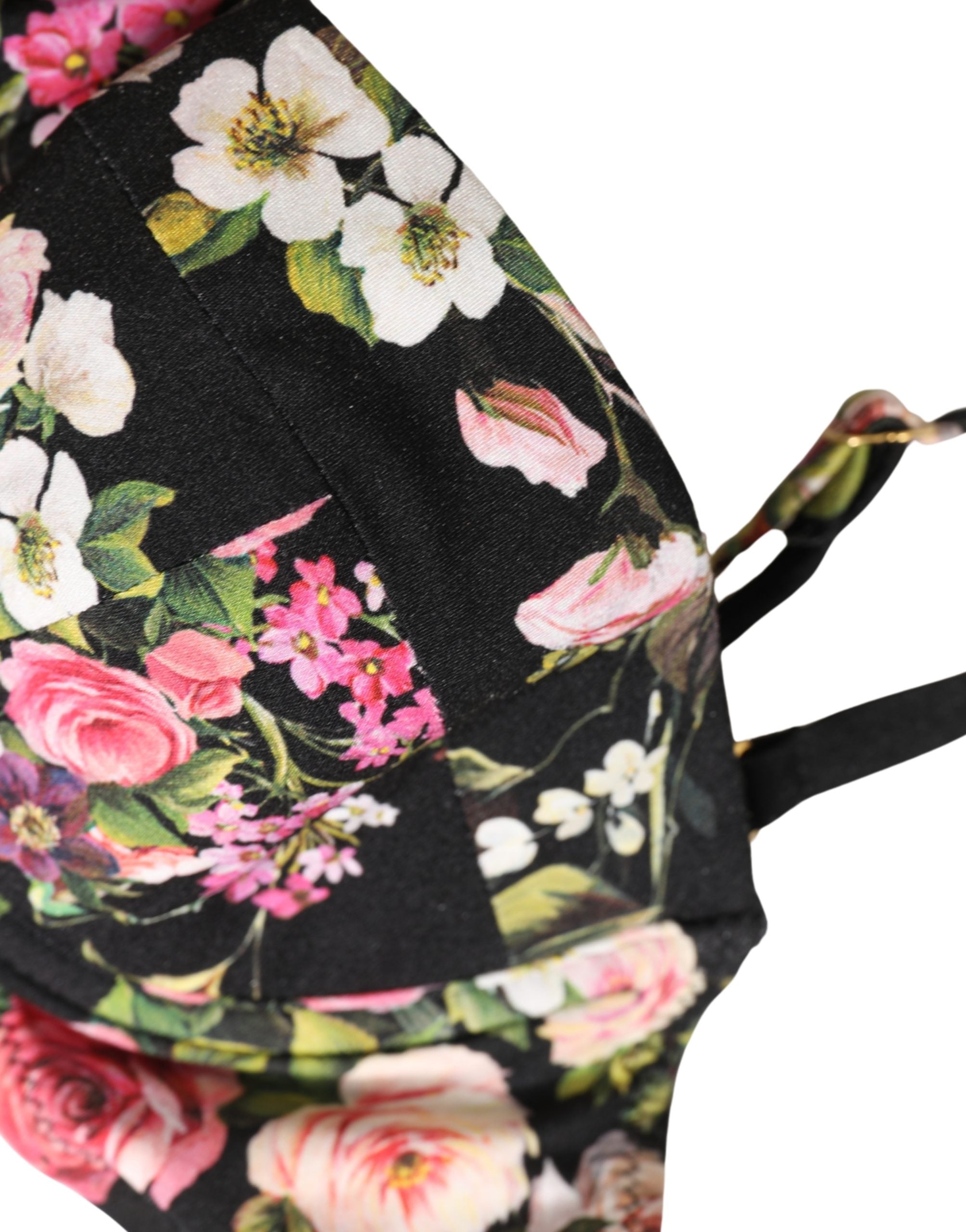 Soutien-gorge balconnet rembourré noir à fleurs Dolce & Gabbana, lingerie élégante avec détails floraux.