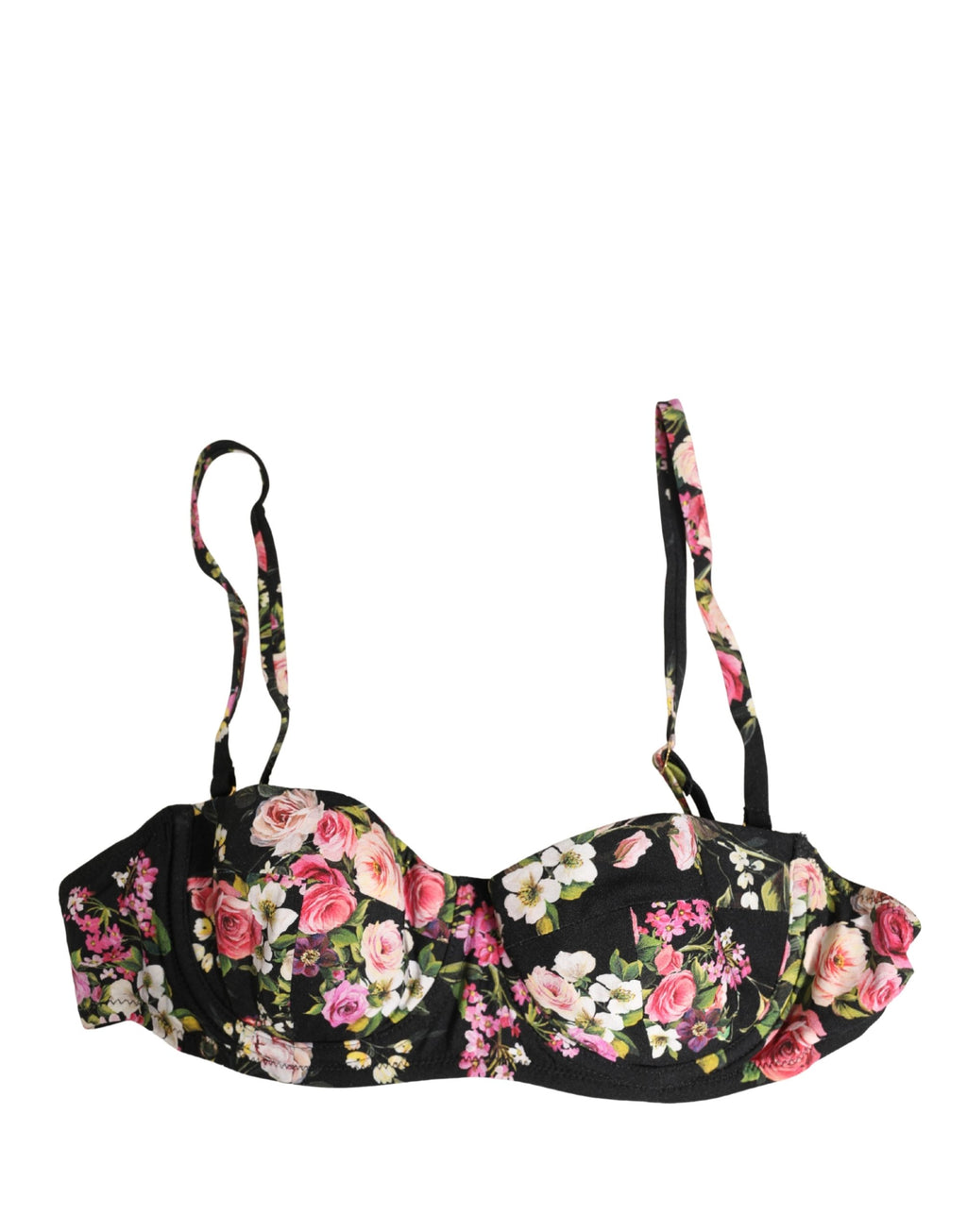 Soutien-gorge balconnet rembourré noir à fleurs Dolce & Gabbana, lingerie élégante avec détails floraux.
