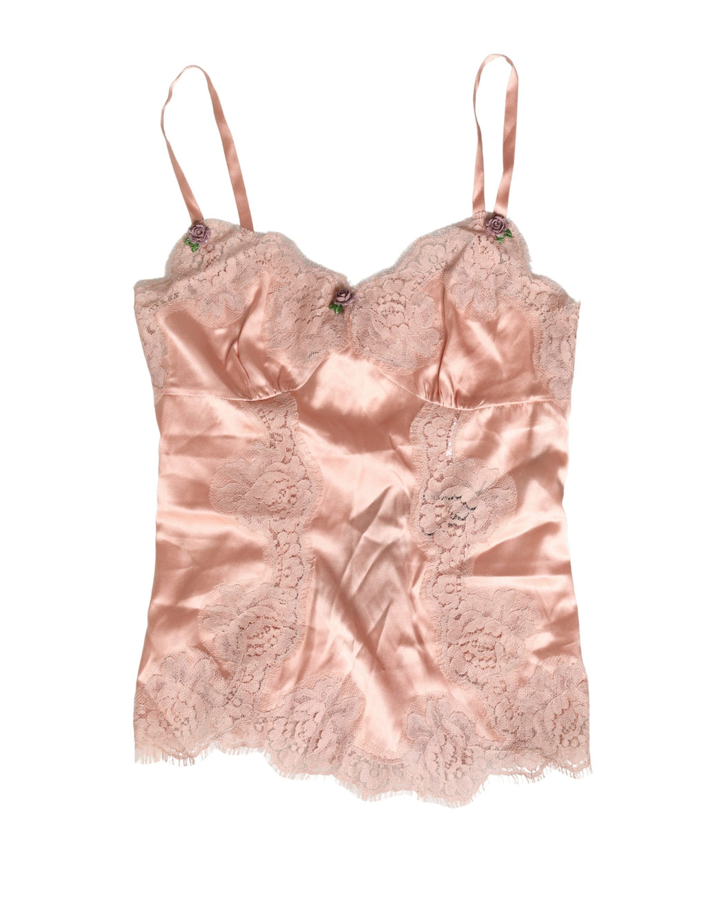 Débardeur en satin de soie rose en dentelle Dolce & Gabbana, lingerie de sommeil élégante et féminine.