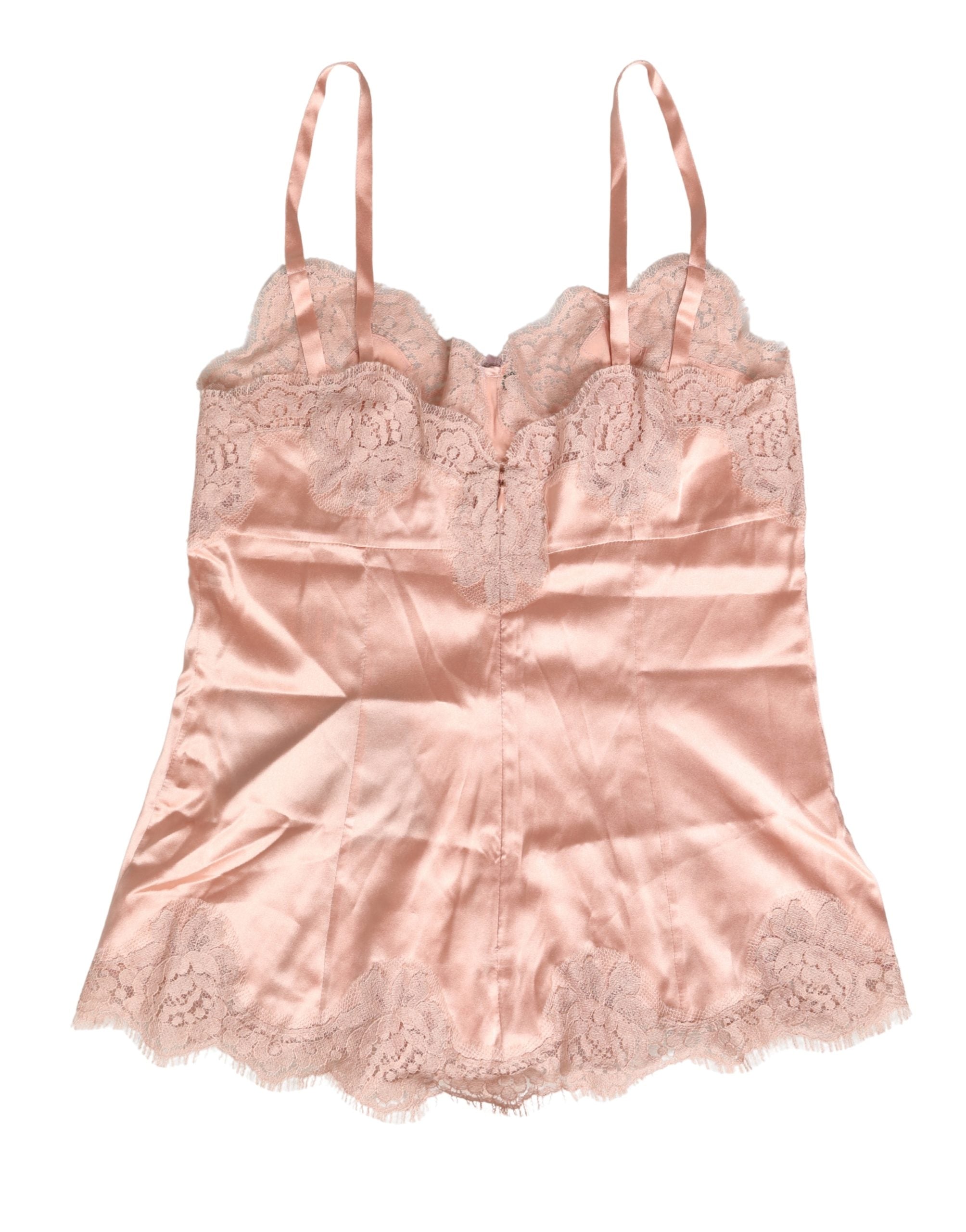 Débardeur en satin de soie rose en dentelle Dolce & Gabbana, lingerie élégante et confortable, vue sur le devant.