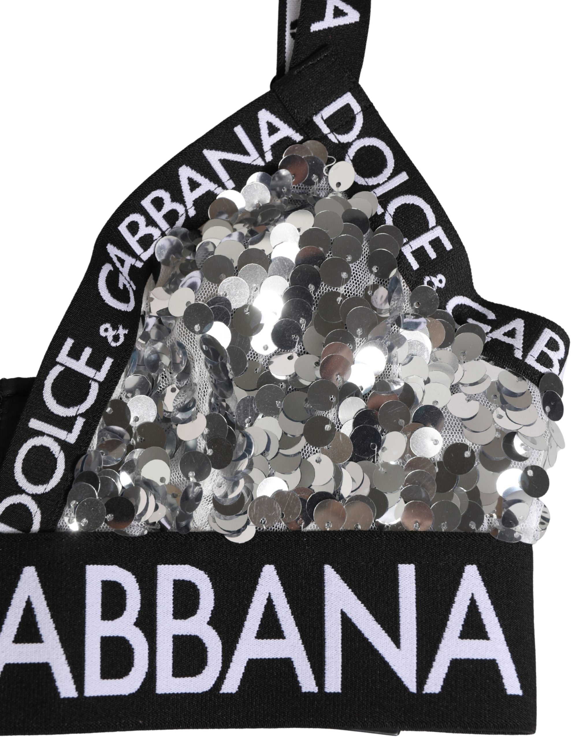 Soutien-gorge triangle en dentelle argentée Dolce & Gabbana avec sequins, coupe douce et finition élégante.