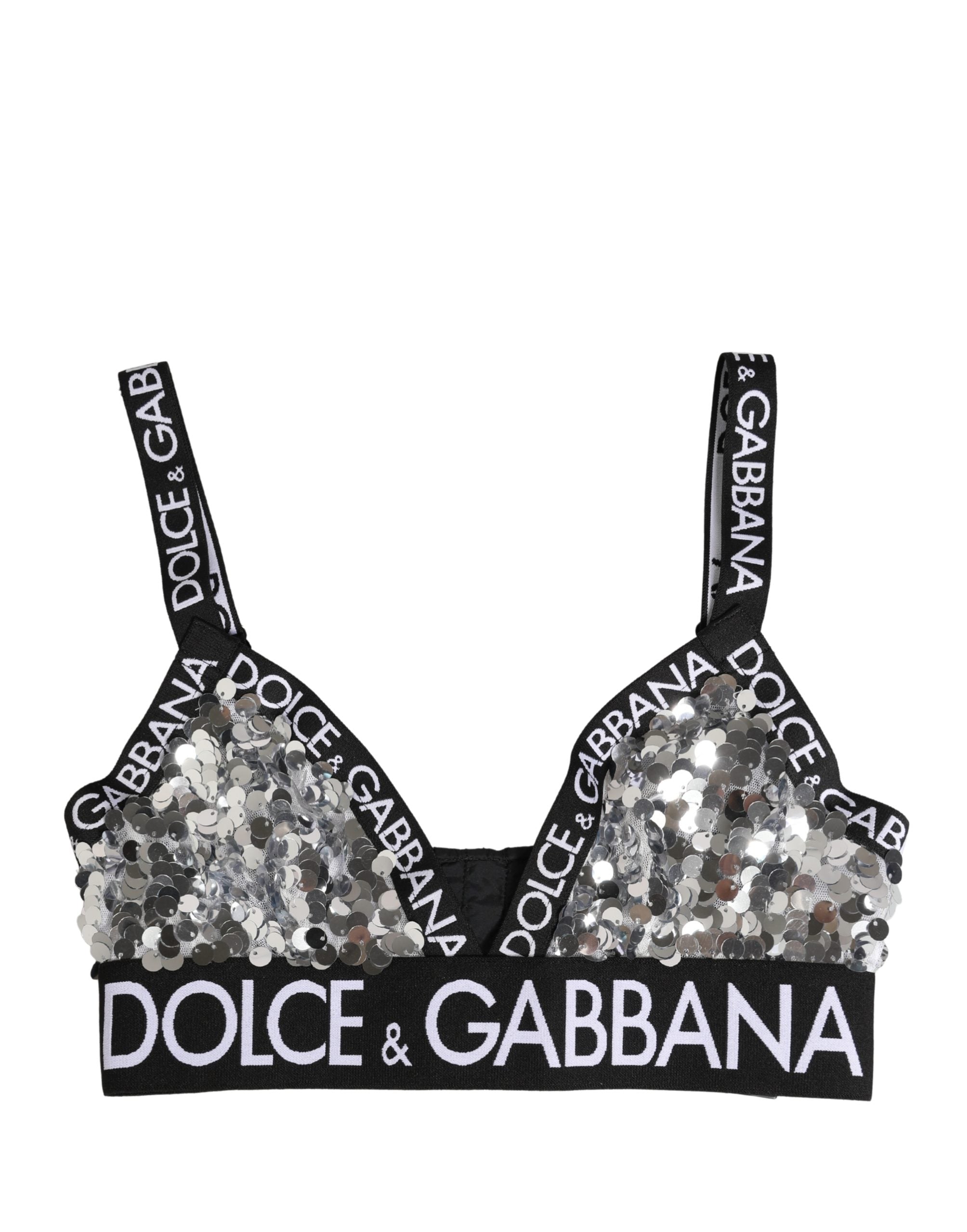 Soutien-gorge triangle en dentelle argentée Dolce & Gabbana avec sequins, coupe douce et élégante.