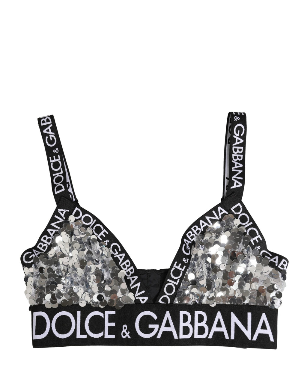 Soutien-gorge triangle en dentelle argentée avec sequins, doux et sans armatures, de la marque Dolce & Gabbana.