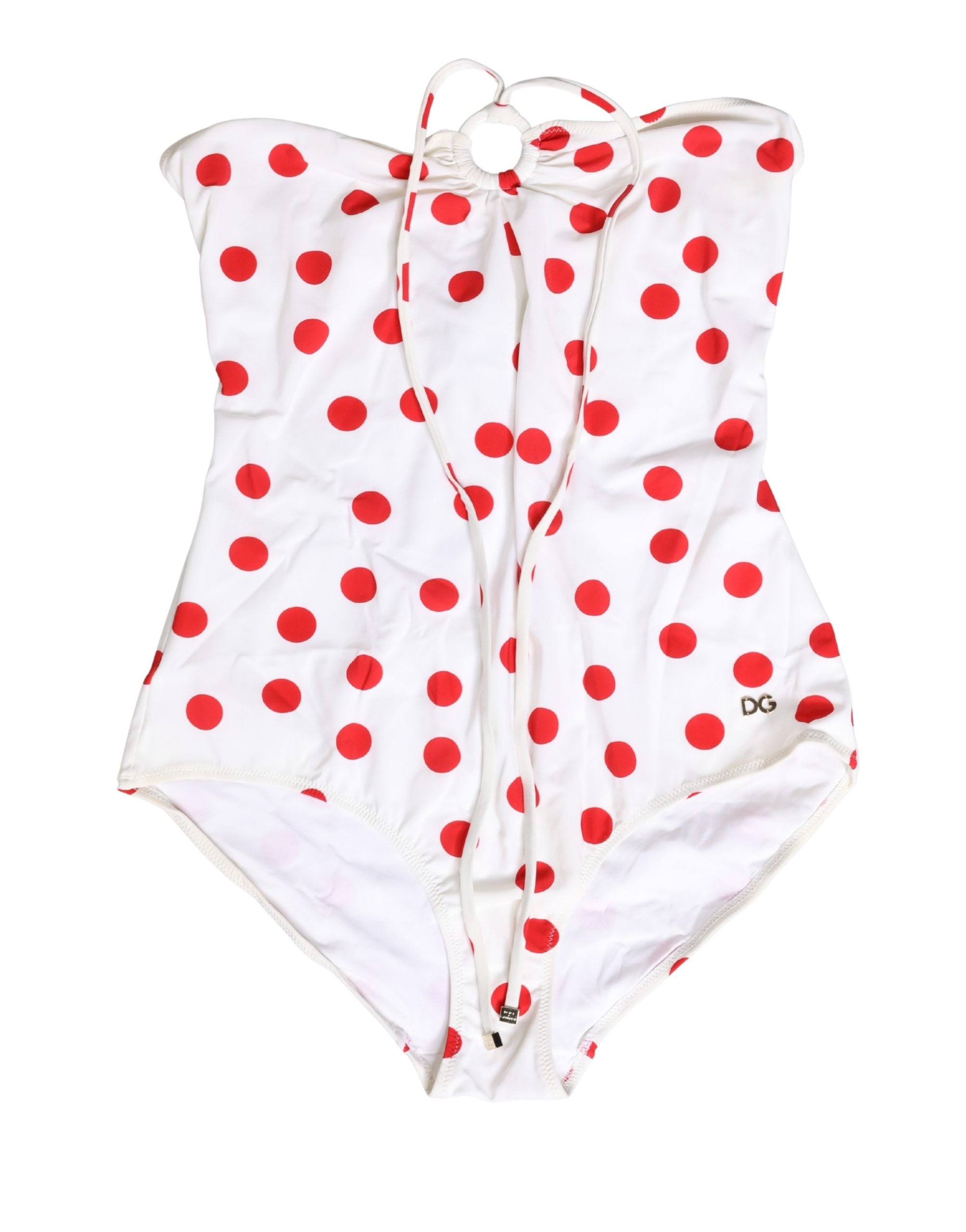 Maillot de bain une pièce Dolce & Gabbana blanc à pois noirs, style élégant avec bretelles fines et coupe flatteuse.